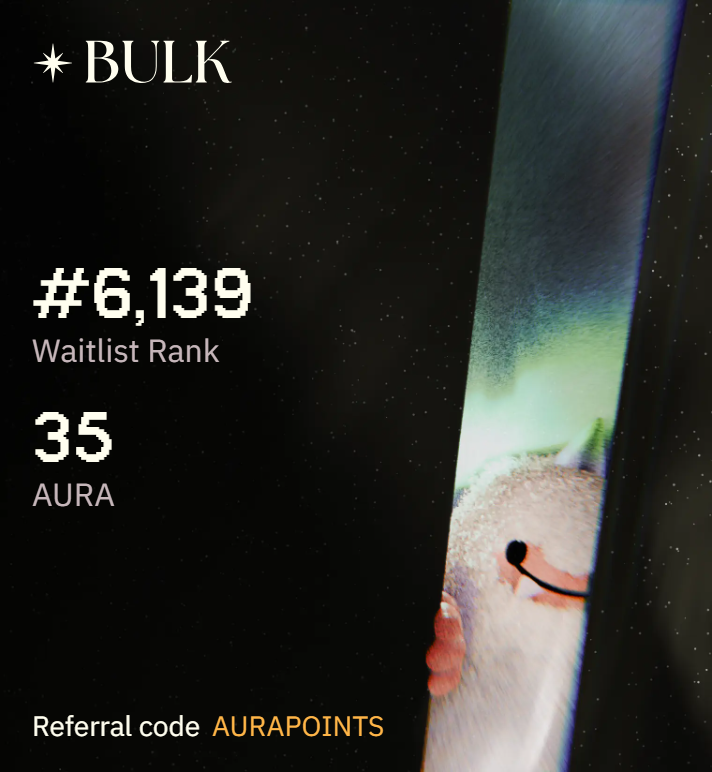 Aryanmaster1984's tweet photo. No aura?

Use code 'AURAPOINTS' to start auramaxxing and move up the @bulktrade mainnet waitlist https://t.co/IVBG8kbvso https://t.co/HSLF4khElY
