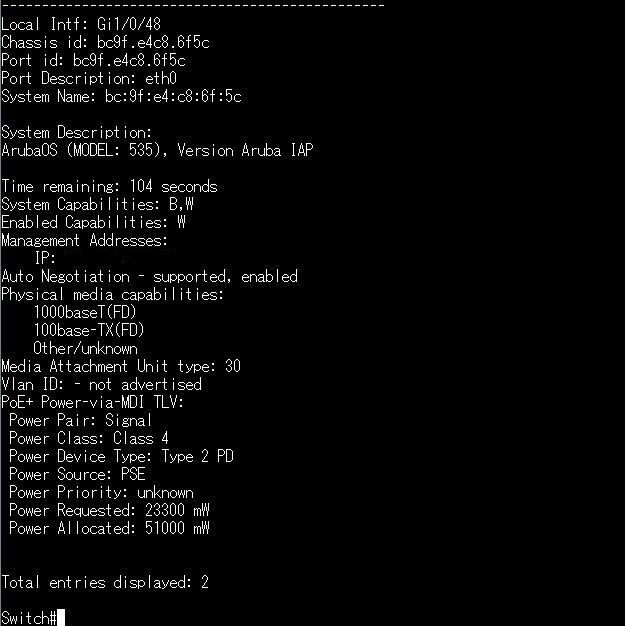 8alni's tweet photo. 3850のUPoE機で、Aruba AP-535を802.3bt(PoE++)モードで動かすことに成功した
これでAP-535をフルスペックで動かせる

前情報の通りLLDPでは上手くネゴれないが、power inlineを手動で60Wにセットすることで対向に60Wまで流せる挙動を感じる https://t.co/Go7PlrCpJV
