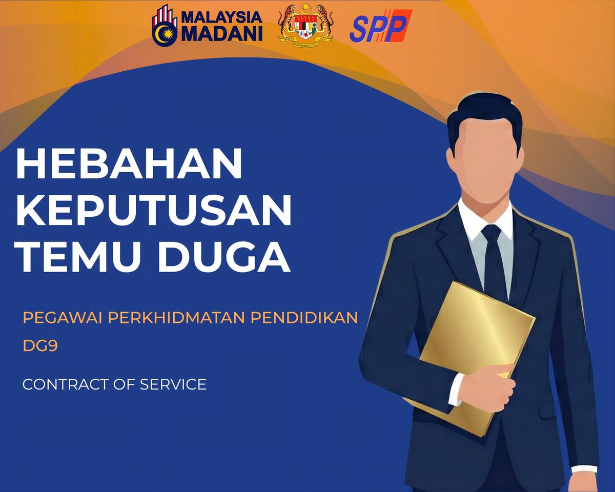 SPPMy's tweet photo. Hebahan Keputusan Temu Duga Graduan Bukan Pendidikan ke jawatan Pegawai Perkhidmatan Pendidikan (PPP) Gred DG9 secara Contract of Service (COS) Tahun 2025 :
https://t.co/WBrKO169ww
#SPP
#MalaysiaMADANI
#TaatSetia https://t.co/JlmAkXbTkP