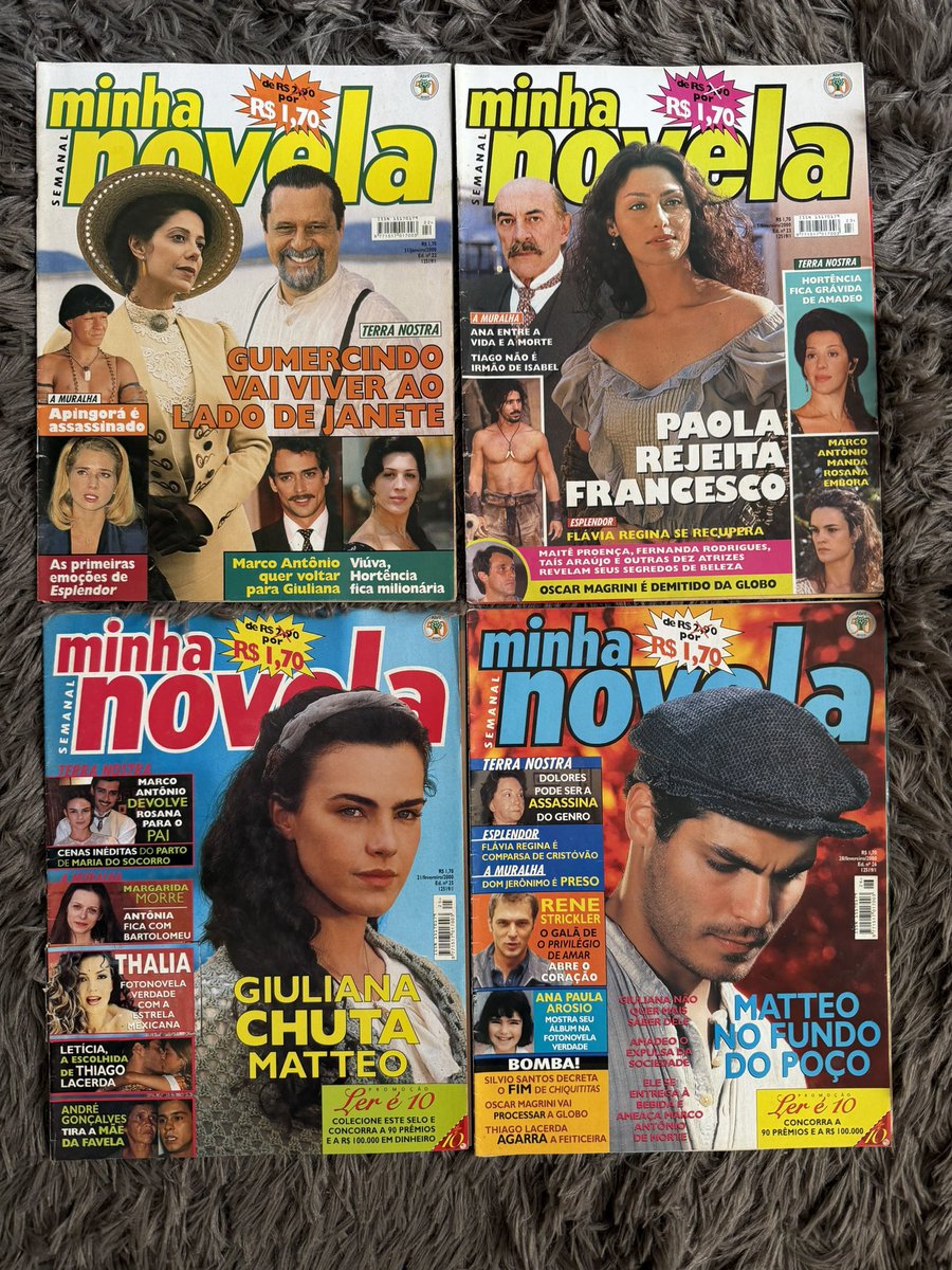 rodrigoceribeli's tweet photo. Uma coleção impecável, com capas icônicas da revista #MinhaNovela de 2000.
#TerraNostra #AMuralha #Esplendor #OPrivilegioDeAmar https://t.co/N6HrwIWnSw