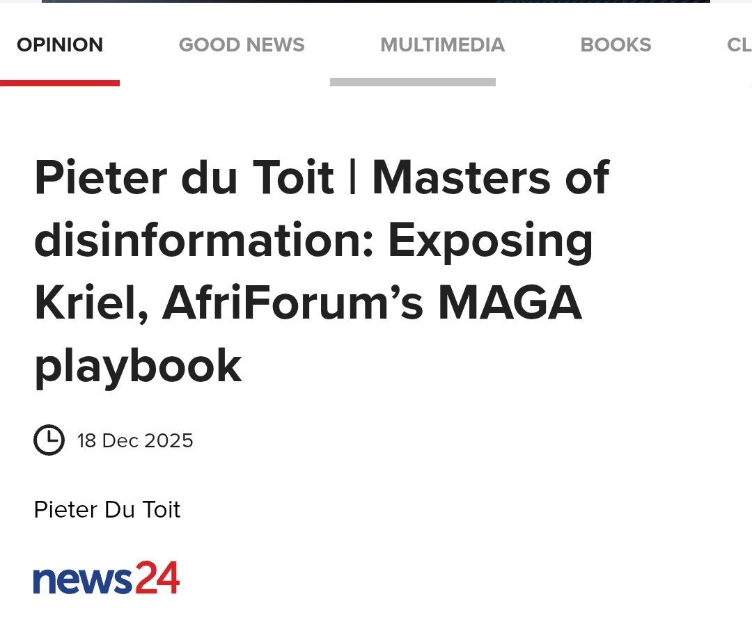 ConCaracal's tweet photo. Is there another media outlet in South Africa that blatantly targets critics of the ANC like News24? Especially in the past 7 months.

Why does this publication never go after Ramaphosa or his allies, but relentlessly tries to smear his critics every week?

Could it possibly have something to do with their parent company, Naspers', R8 million donation to the ANC? 🤔

What else would explain the weekly hitpiece against AfriForum?