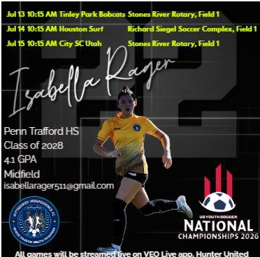 IsabellaRager's tweet photo. My PIFC team and I are competing in the USYS National Championships this week in Tennessee. Here is the schedule and times and a little information about me.
#nationals #SoccerTwitter #USYSSoccer #Youthsoccer https://t.co/Xb41rhgaK1