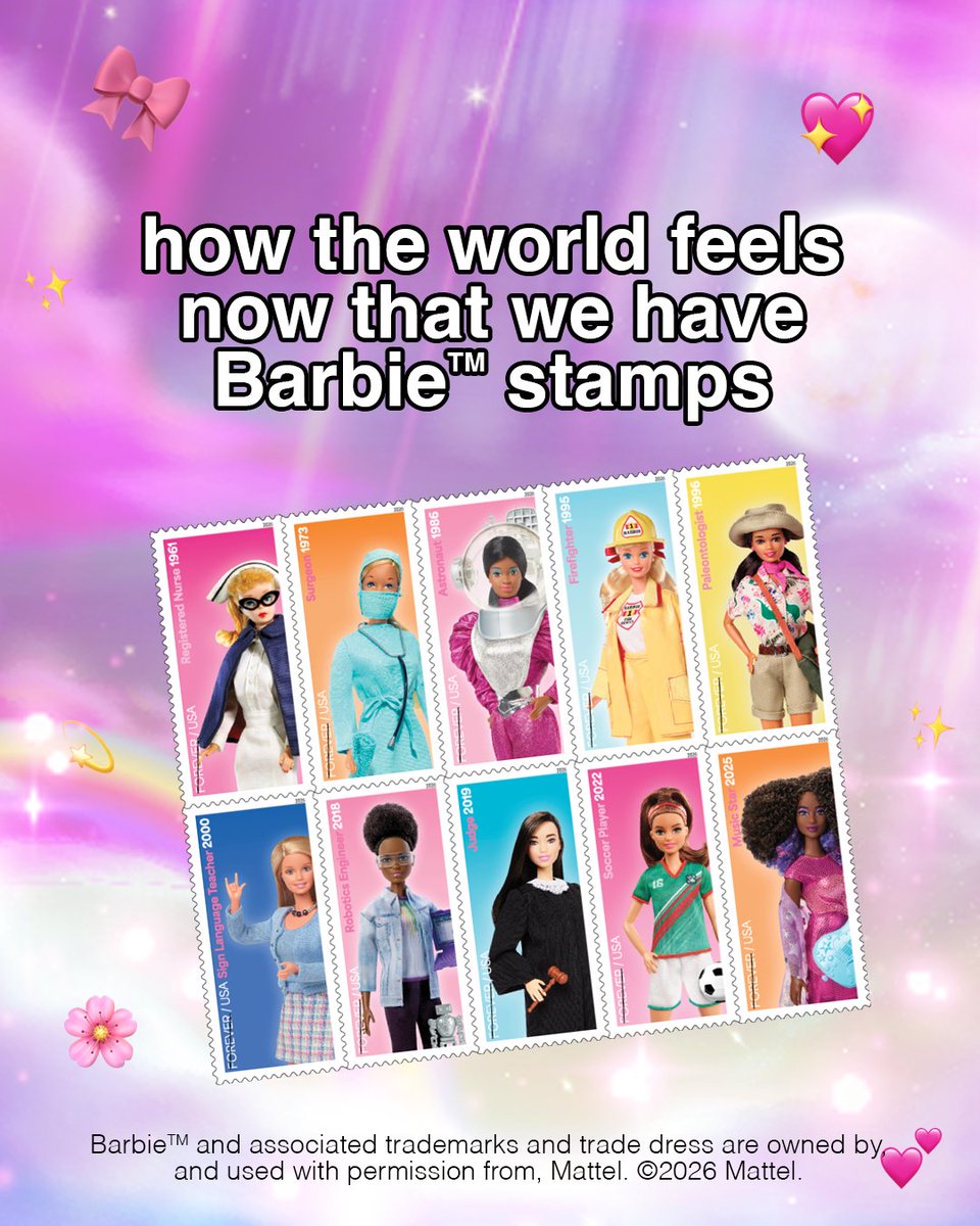 USPS's tweet photo. Since 1959, Barbie™ has been a symbol of limitless possibilities. The U.S. Postal Service celebrates Barbie and a remarkable career journey with 10 new stamp designs, each featuring Barbie dressed for one of many iconic careers. Now available for purchase: https://t.co/ckxLwIpI0i