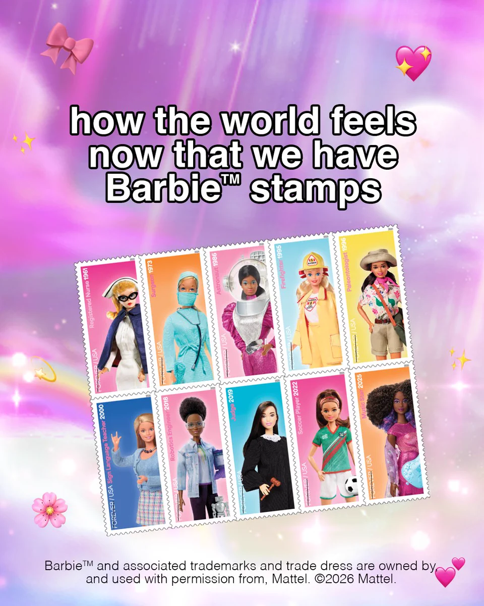 The image shows the Barbie stamps on a pink background with the sparkling heart, double pink heart, bow, and pink flower emojis, and the text, “how the world feels now that we have Barbie™ stamps.”