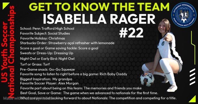 IsabellaRager's tweet photo. Before me and my PIFC team begin our journey in nationals, here are a few facts and some info about me!
#SoccerTwitter #acl #fullbenefit https://t.co/0imspu718g