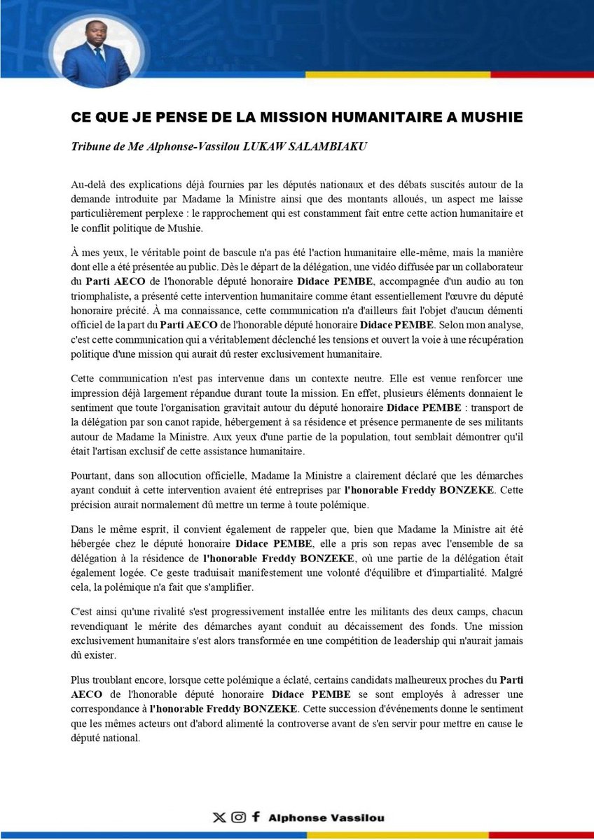 AlphaVassilou's tweet photo. La mission humanitaire en faveur des sinistrés de #Mushie a donné lieu à une vive controverse, allant jusqu'à susciter une marche de protestation et de nombreux débats dans l'opinion.

À travers cette tribune, je partage mon analyse personnelle des événements. J'y explique pourquoi, selon moi, les tensions ne trouvent pas leur origine dans l'action humanitaire elle-même, mais dans la communication et la récupération politique qui l'ont entourée. Je formule également un appel à l'apaisement, au respect du verdict des urnes et à l'unité des filles et fils de Mushie.

Je vous invite à la lire et à enrichir le débat dans le respect des opinions de chacun.

@Evebazaiba
@Freddybonzeke
@DidacePembe

#Mushie #RDC