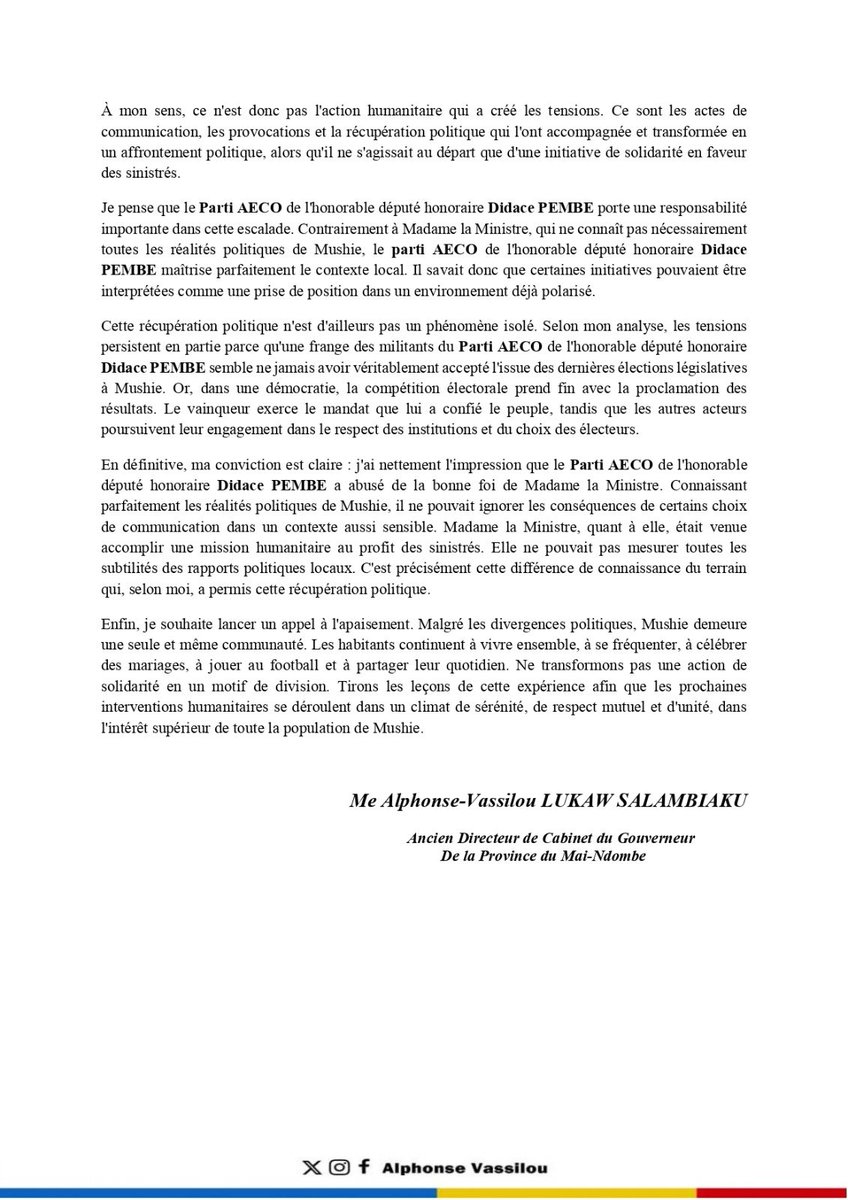 AlphaVassilou's tweet photo. La mission humanitaire en faveur des sinistrés de #Mushie a donné lieu à une vive controverse, allant jusqu'à susciter une marche de protestation et de nombreux débats dans l'opinion.

À travers cette tribune, je partage mon analyse personnelle des événements. J'y explique pourquoi, selon moi, les tensions ne trouvent pas leur origine dans l'action humanitaire elle-même, mais dans la communication et la récupération politique qui l'ont entourée. Je formule également un appel à l'apaisement, au respect du verdict des urnes et à l'unité des filles et fils de Mushie.

Je vous invite à la lire et à enrichir le débat dans le respect des opinions de chacun.

@Evebazaiba
@Freddybonzeke
@DidacePembe

#Mushie #RDC