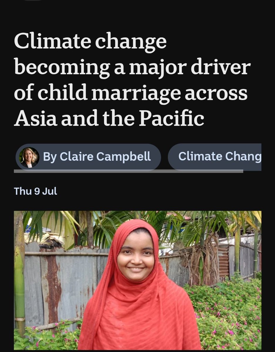 LeoKearse's tweet photo. "Climate change causes child marriage". Of course it's "climate change"; no way they'd blame medieval misogynistic cultures or Islam.

Nobody trusts mainstream journalism or academia now because they blatantly crowbar ANY issue to fit ideology and condemn: 

- Western civilisation
- White men 
- The "far-right"
- Capitalism
- Israel 
- Brexit 
- Trump
- Climate change 

We all know the "major driver" of child marriage. Child marriage doesn't increase in Britain during heatwaves; it increases in areas that import certain cultures.