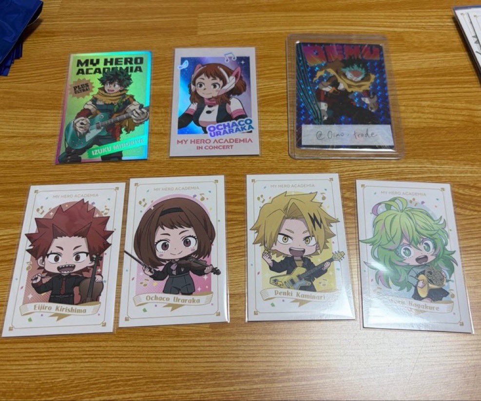 0imo_trade's tweet photo. 【交換】僕のヒーローアカデミア　ヒロアカ INコンサート オケコン　

【譲】①ランダムカード　
　　　緑谷(引き) 麗日(アップ)
        ②ミニキャラカード
　　　切島 麗日 上鳴 葉隠

【求】①緑谷(アップ) 爆豪(引き)
        ②緑谷 

都内手渡し(要相談)or郵送
お気軽にお声掛けください。 https://t.co/HMs2SmCNcP