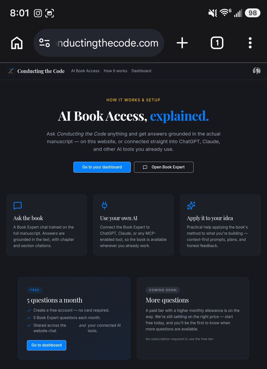 Brantley_Brum's tweet photo. What if instead of reading/listening to a book you could just TALK to it and apply it's principles to what you are doing with the help of #AI?

So I am testing this theory that the future of how books are used/consumed will be mostly through AI.

My book Conducting the Code now has an AI BOOK ACCESS capability.

You can create a free account and get 5 questions/month.

This is a market test so please help and provide the feedback within the website chat itself.

All are welcome: https://t.co/x7Nv0eXCaZ

Let me know what you think in the comments below!

#book #vibecoding #markettest #buildinpublic