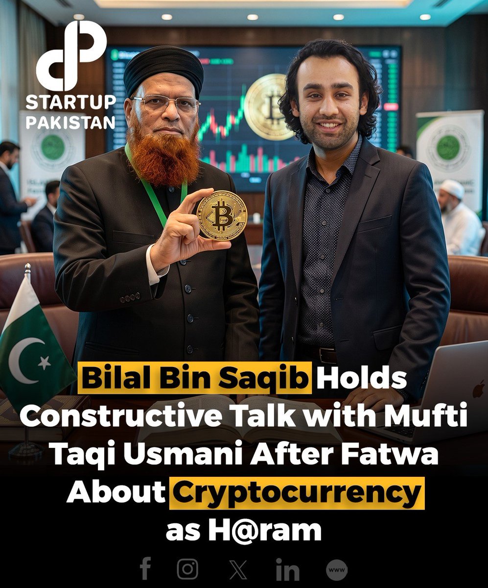 PakStartup's tweet photo. Bilal Bin Saqib, Chairman of the Pakistan Virtual Assets Regulatory Authority, met with Mufti Taqi Usmani following the scholar’s recent fatwa declaring cryp-tocurrency "h@ram" under Shariah.

Bilal described the discussion as constructive, saying both sides agreed on the importance of protecting Pakistanis from fr@ud, exploitation, and financial loss. He explained that blockchain, digital assets, stablecoins, and tokenized real-world assets should be evaluated through both technical analysis and comprehensive Shariah review.

Bilal also called for continued dialogue between religious scholars, regulators, and industry experts to help shape Pakistan’s approach to emerging financial technologies.

Disclaimer: This content is informational purposes only and based on available reports. Image is AI generated and just for reference

#BilalBinSaqib #MuftiTaqiUsmani #DigitalAssets #Blockchain #Pakistan #Shariah #Technology #Finance #Crypto