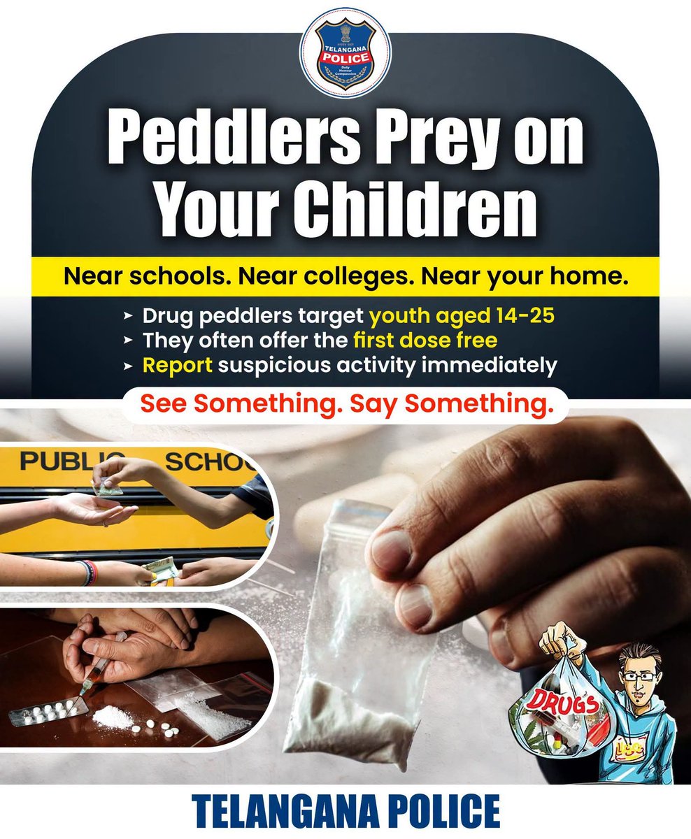 TelanganaCOPs's tweet photo. Drug peddlers often target young minds by offering a "free first dose" and exploiting their trust.

Parents, teachers, and communities must stay vigilant, recognize suspicious activities, and report them immediately.

#SayNoToDrugs #DrugFreeTelangana #TelanganaPolice https://t.co/8A36aJSTO5