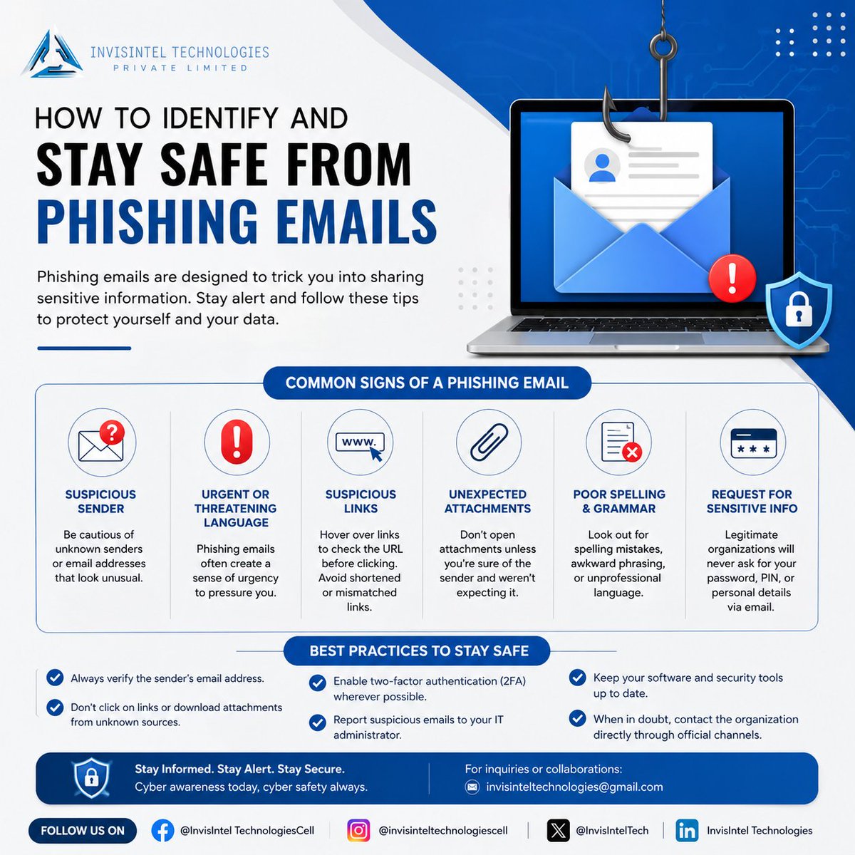 InvisIntelTech's tweet photo. 🔐 Every email deserves a second look.
Before you click, verify.
Before you respond, think.
Before you share, confirm.
Awareness is one of the strongest defenses against phishing attacks.
#CyberSecurity #PhishingAwareness #DigitalSafety #InfoSec #CyberTips https://t.co/P8phUDaj1e