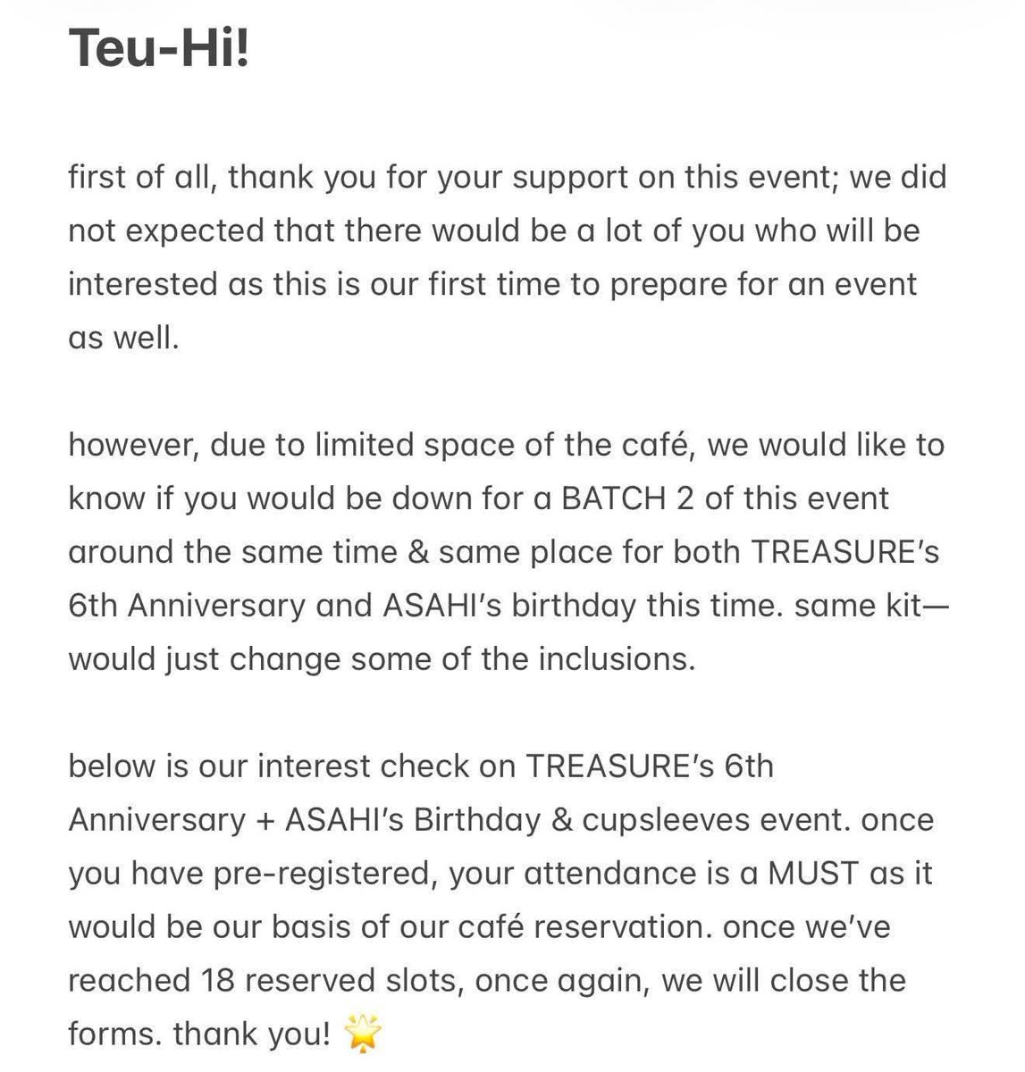 treasure_btg's tweet photo. [TEUNIVERSITY: Celebrating 6 Years with Treasure + Asahi's Bday CSE] 

teu-hi! 🌟 since we ran out of slots for our initial cse, we're opening an inch check for batch two. thank you for showing your support! see you 💗

📝 pre-enrollment form: https://t.co/ZV77VqiE8D https://t.co/gUBIFyKfUG