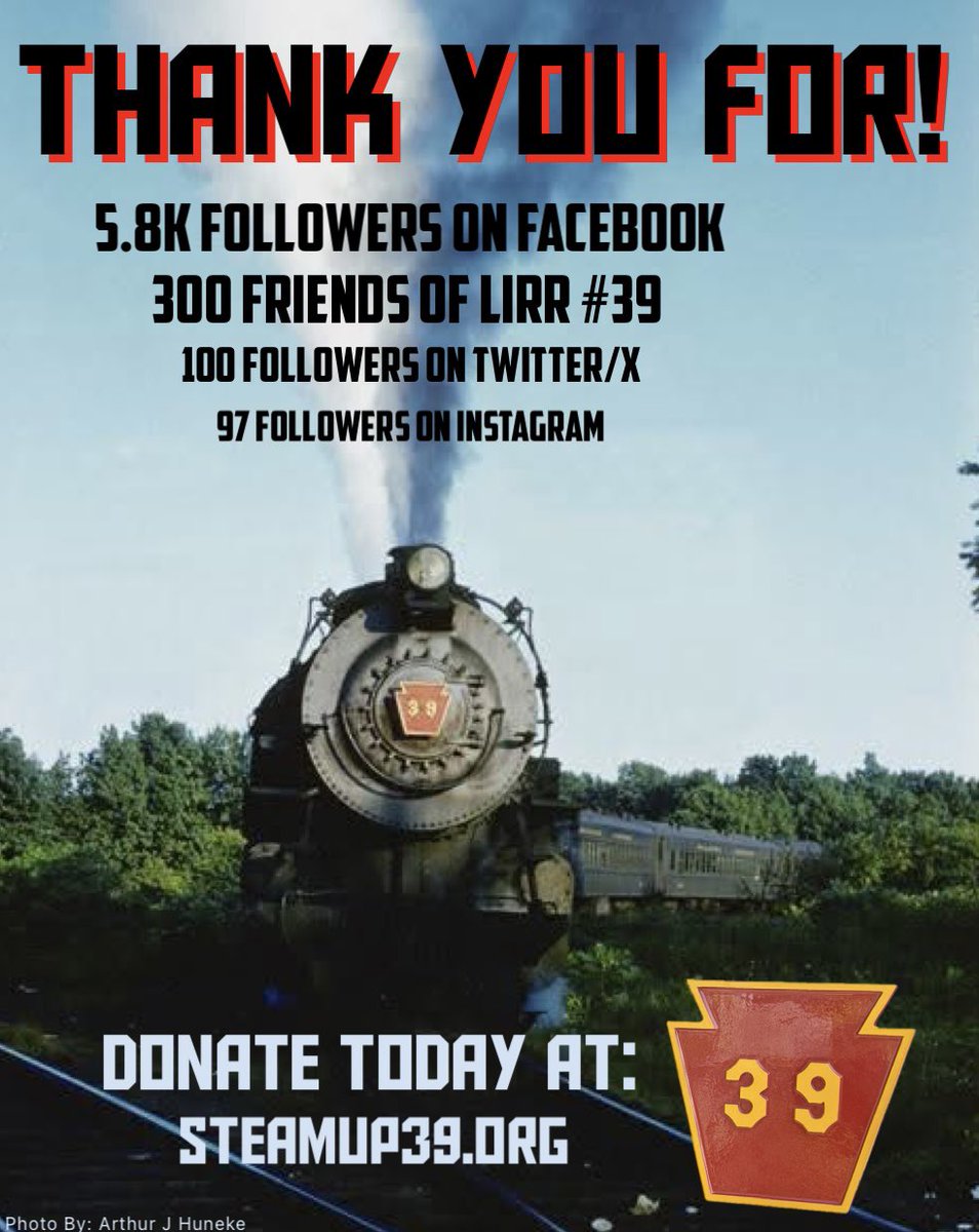 39Steam's tweet photo. 🚂A Week Of Milestones!⭐️

We are proud to announce that this past week has been a VERY successful one for the Steam Up LIRR #39 Project, and we have YOU to thank for it!!!  Firstly we cannot express our gratitude for all of our followers, donors, and supporters for all that you continue to do for our beloved G5: LIRR #39!  We truly could not do ANY of this without you all, so THANK YOU!!!  We promise to keep fighting strong to get Long Island Rail Road #39 BACK INTO THOSE STRASBURG SHOPS!

Our NEW Twitter/X page recently surpassed its FIRST milestone of a HUNDRED followers, which is a BIG STEP for a page that’s less than a year old.  We very much enjoy the community building there, and have decided to upgrade our account to premium (so you can see our FULL POSTS, and not one limited to essentially 250 characters).

Our Instagram page also continues to grow, with content returning to the platform in the beginning of 2026.  Though not at 100 followers yet, we are incredibly thankful of the 97 (current) followers for their support!

Our affiliated facebook group the “Friends of LIRR #39” (a place where YOU can post your own #39 related content, and questions; as well as talk directly with our team and community) has reached the milestone of 300 members!  If you want to connect with us, AND get involved with the project; be sure to send in your request to join!  We would be happy to have you as one of Long Island Rail Road #39’s FRIENDS!  An EXTRA SPECIAL THANKS to all members there!

We are excited to say that our official Steam Up LIRR #39 page, has JUST PASSED 5.8 THOUSAND FOLLOWERS!  We are continuing to work our way to 6K; and ask that you follow us there if you have yet to!  The more followers and page interactions we get, the more “THE ALGORITHM” will promote this IMPORTANT PROJECT to new viewers!  Honestly following us on ANY of our platforms, goes a LONG WAY to helping us bring LIRR #39 BACK INTO STEAM!

As always the BIGGEST way to help provide Long Island Rail Road #39 with a bright OPERATIONAL future is be contributing financially towards the project.  EVERY DOLLAR DONATED is a dollar closer to seeing the FIRST ever Long Island Rail Road steam locomotive run, in preservation… as well as the potential SECOND Pennsylvania Railroad steam locomotive to be CURRENTLY operational!  We will be releasing a NEW FUNDRAISING UPDATE soon (as well as updating our WALL OF HONOR), so NOW is your chance to make your support known; and help bring our “Commuter Darling” back into service!

ALL CONTRIBUTIONS CAN BE MADE ONLINE AT:
https://t.co/mmWAgOqsjA
THANK YOU to ALL of our followers and donors, as it is YOU who helps “keep the wheels rolling”!