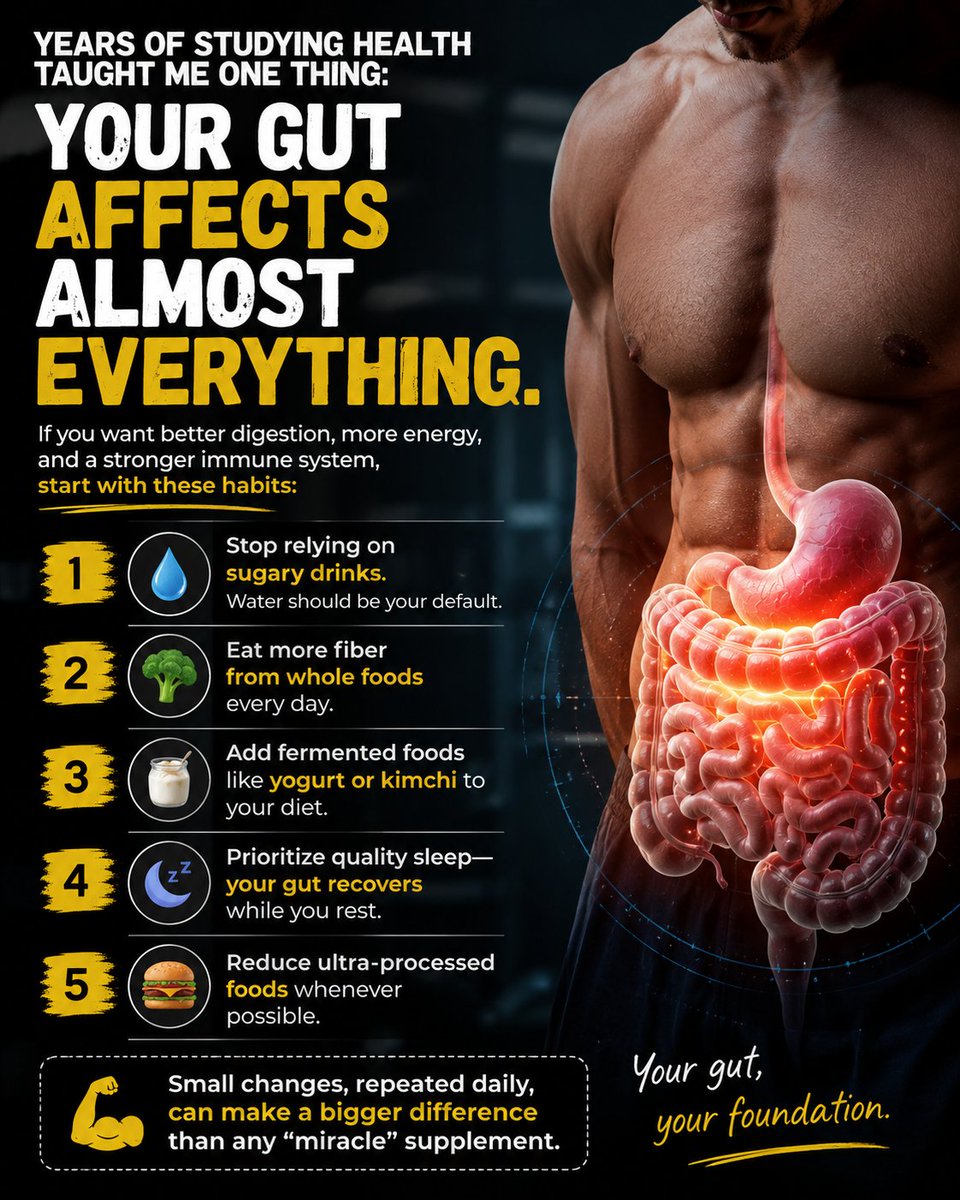 BoiledWarm's tweet photo. 9 years of training taught me ONE thing:

Your gut health changes everything.
If you want better digestion, more energy, and fewer cravings, start here:

1.Stop making ultra-processed food your default. https://t.co/3QQpKeqzyh