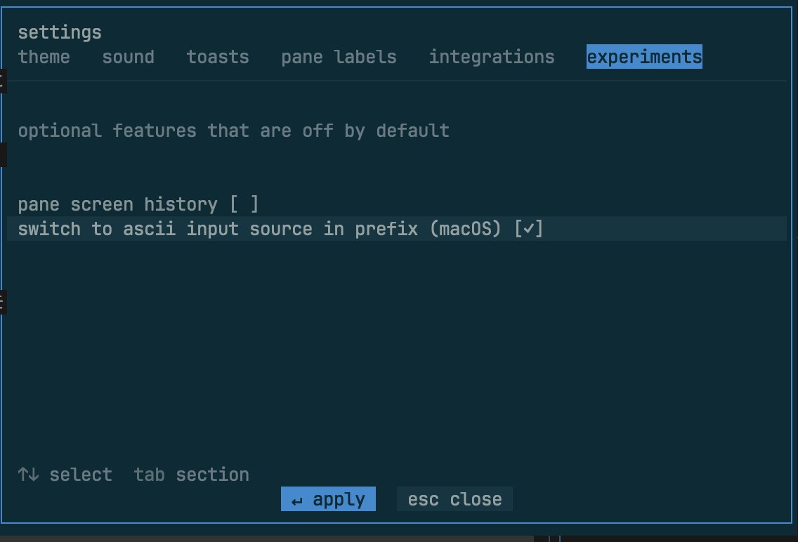 hoppiestar's tweet photo. herdr, switch to ascii input source in prefix (macOS) にチェック入れとくと prefix押したときにだけ かな入力モードでも一瞬英数入力になる感じになるのか

tomlだと
[experimental] 
switch_ascii_input_source_in_prefix = true https://t.co/6gkSzq3ZJI