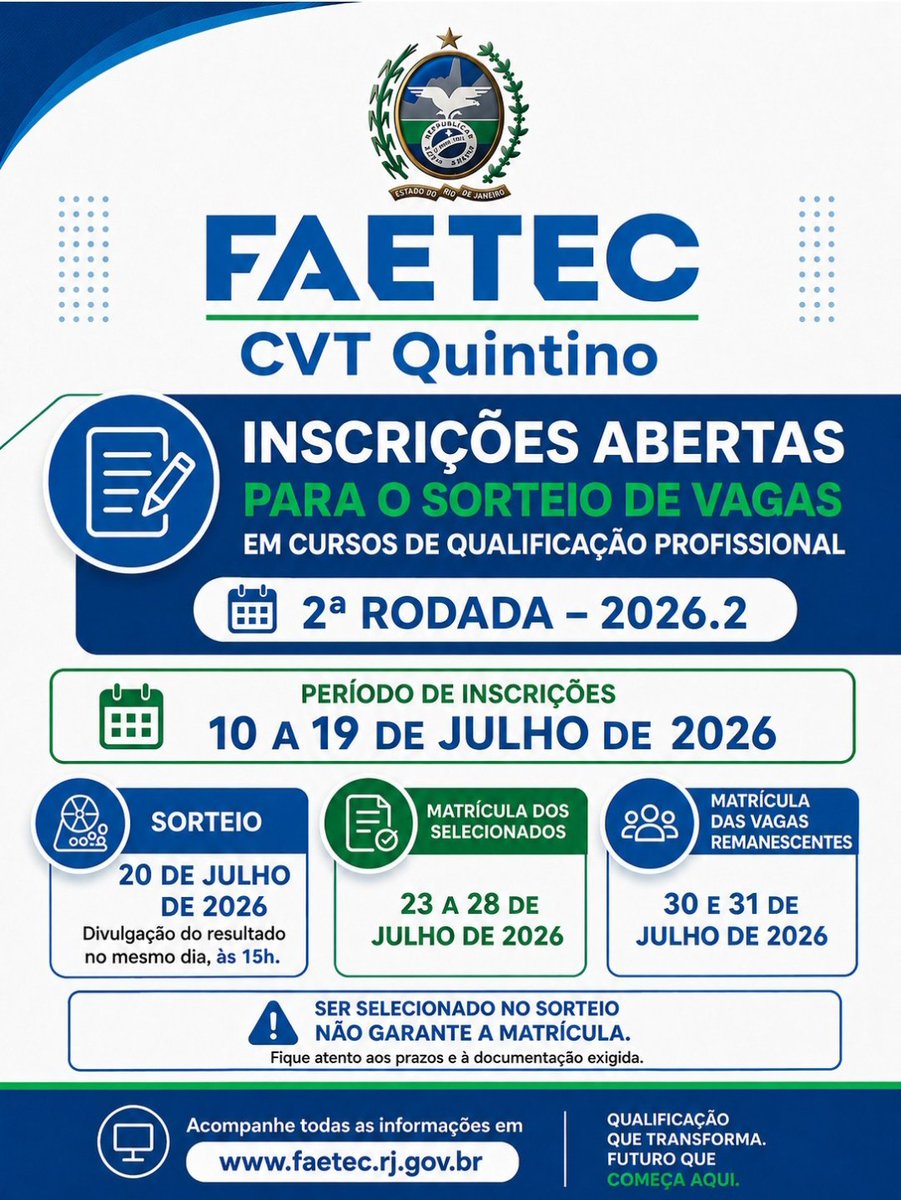 oquefazereng's tweet photo. 📢 Notícia: Papais e mamães da região, inscrições abertas para o sorteio de vagas para Faetec de Quintino #oquefazerengenhodedentro https://t.co/inuFDDSbFa
