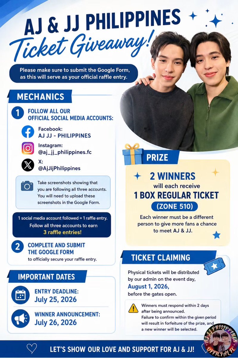 AjJjPhilippines's tweet photo. 🎉 AJ &amp; JJ Philippines Ticket Giveaway 🎉
Please make sure to submit the Google Form, as this will serve as your official raffle entry.

https://t.co/3Q8mLm0fKq

#Ajchayapol
#jjchayakorn
#Ajjjphilippines #allstargames2026 https://t.co/oTP0lfyas1