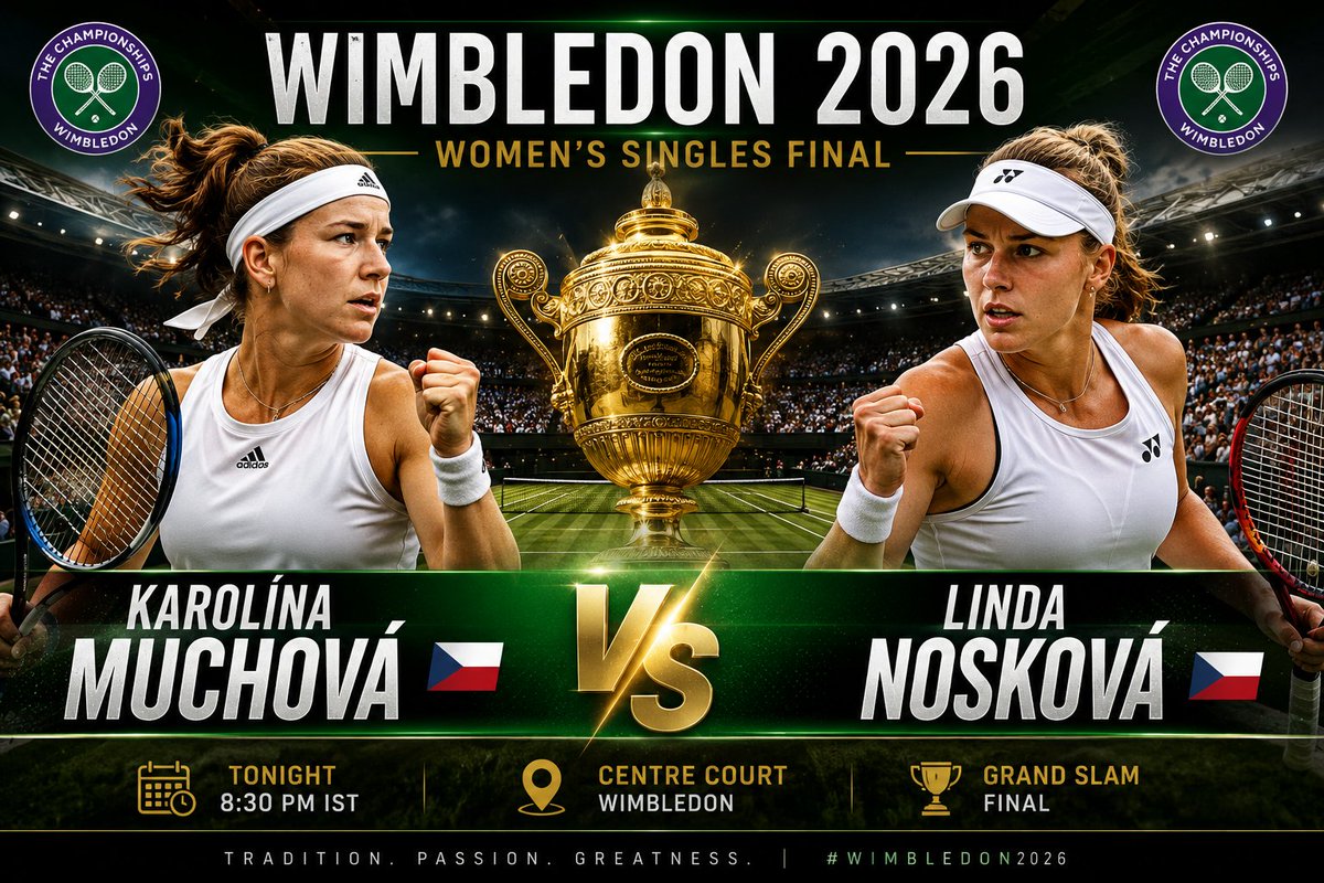 UrbanLegendDai's tweet photo. FIRST ALERT 🚨 : This historic Wimbledon 2026 Women's Singles Final match between Czech Republic players is being played on London's Centre Court.

Karolína Muchová 🇨🇿 vs Linda Nosková 🇨🇿 Wimbledon Live Women's Singles FINAL. https://t.co/7xto0pqzhs