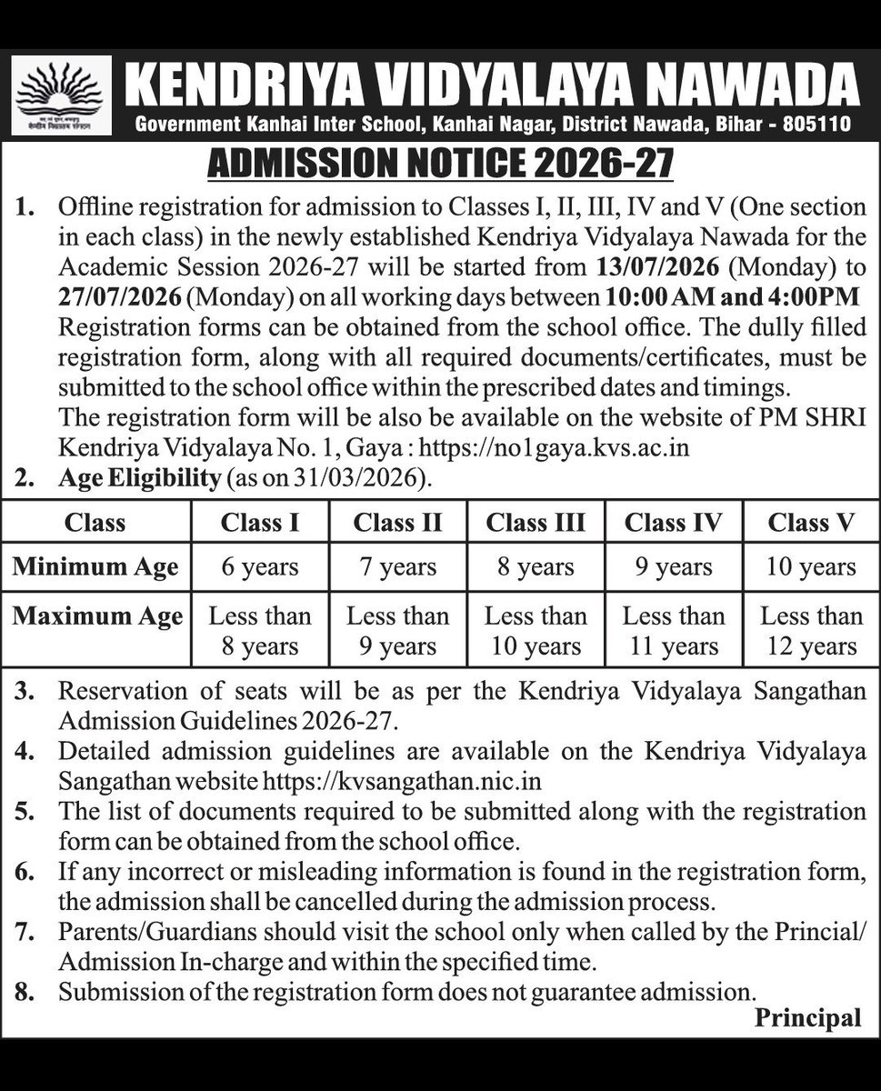 ravidinkar's tweet photo. Admissions for KV Nawada have begun, may apply from 13th till 27th July. https://t.co/uvDyTmHsuY