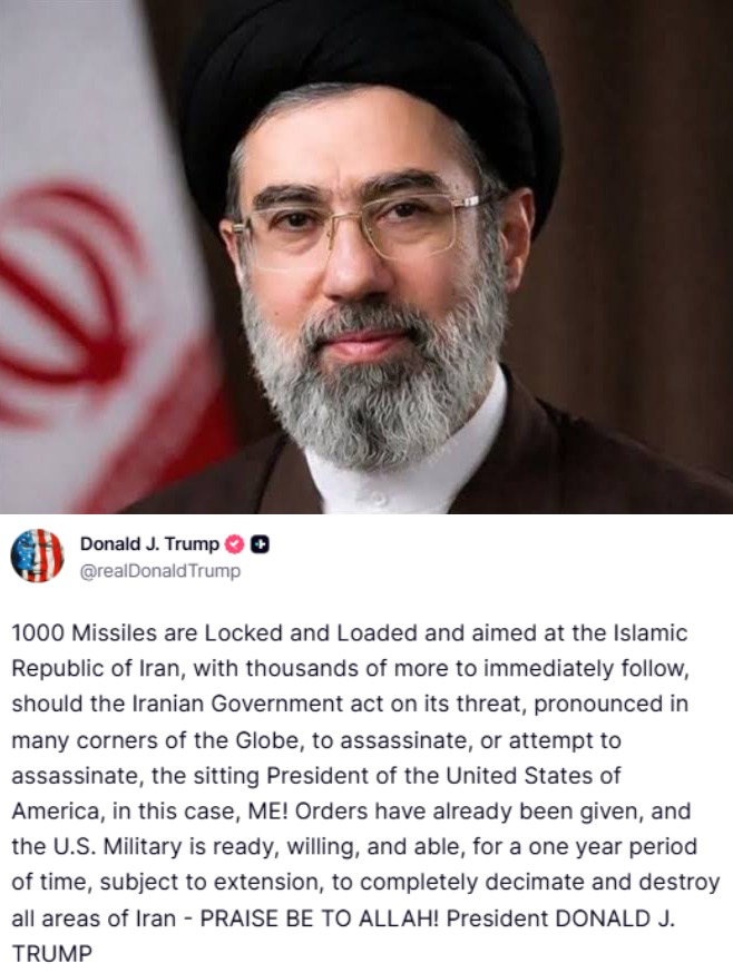 RT_on_X's tweet photo. Iran’s Supreme Leader Mojtaba Khamenei to release 'important message on occasion of burial' of Ali Khamenei

Trump’s latest threat: to 'completely decimate' Iran if they try to assassinate him — 'praise be to Allah!' https://t.co/2EBxWvzkXv