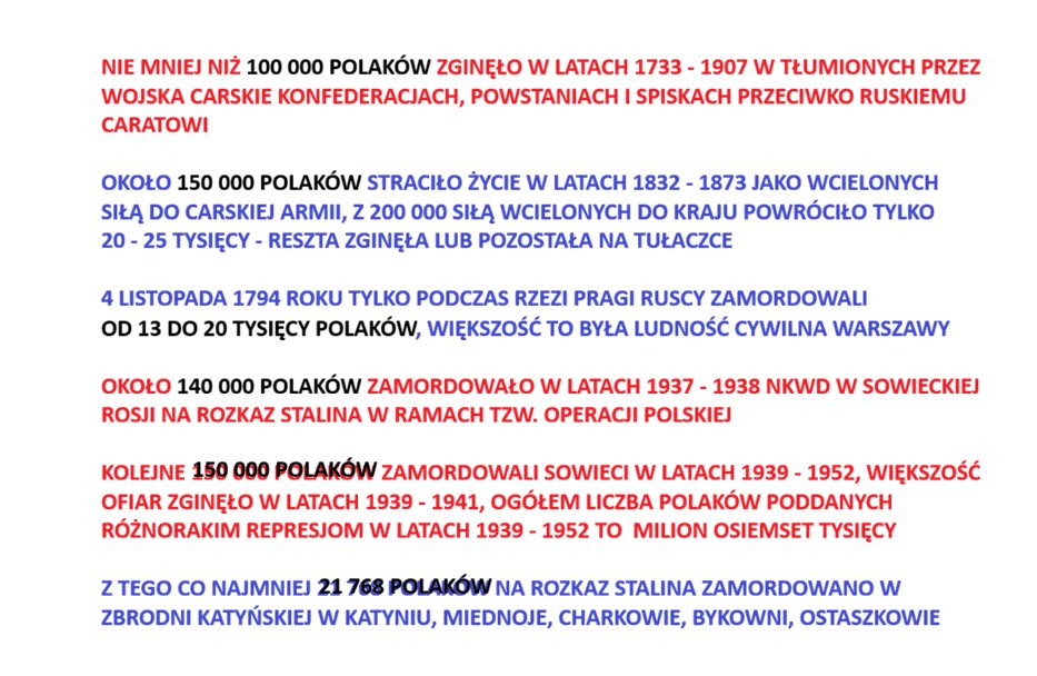 AlaBezFanatykow's tweet photo. Zbrodnia wołyńska pochłonęła ok. 100 000 śmiertelnych ofiar Polaków.
Rosja zamordowała kilka razy więcej obywateli Rzeczpospolitej!

O 🇵🇱 ofiarach carskiej i sowieckiej Rosji mordowanych, wywożonych na Sybir, pozbawianych swego mienia mówi się w 🇵🇱 zbyt mało, a to MILIONY OFIAR‼️ https://t.co/vHH48kuCz1