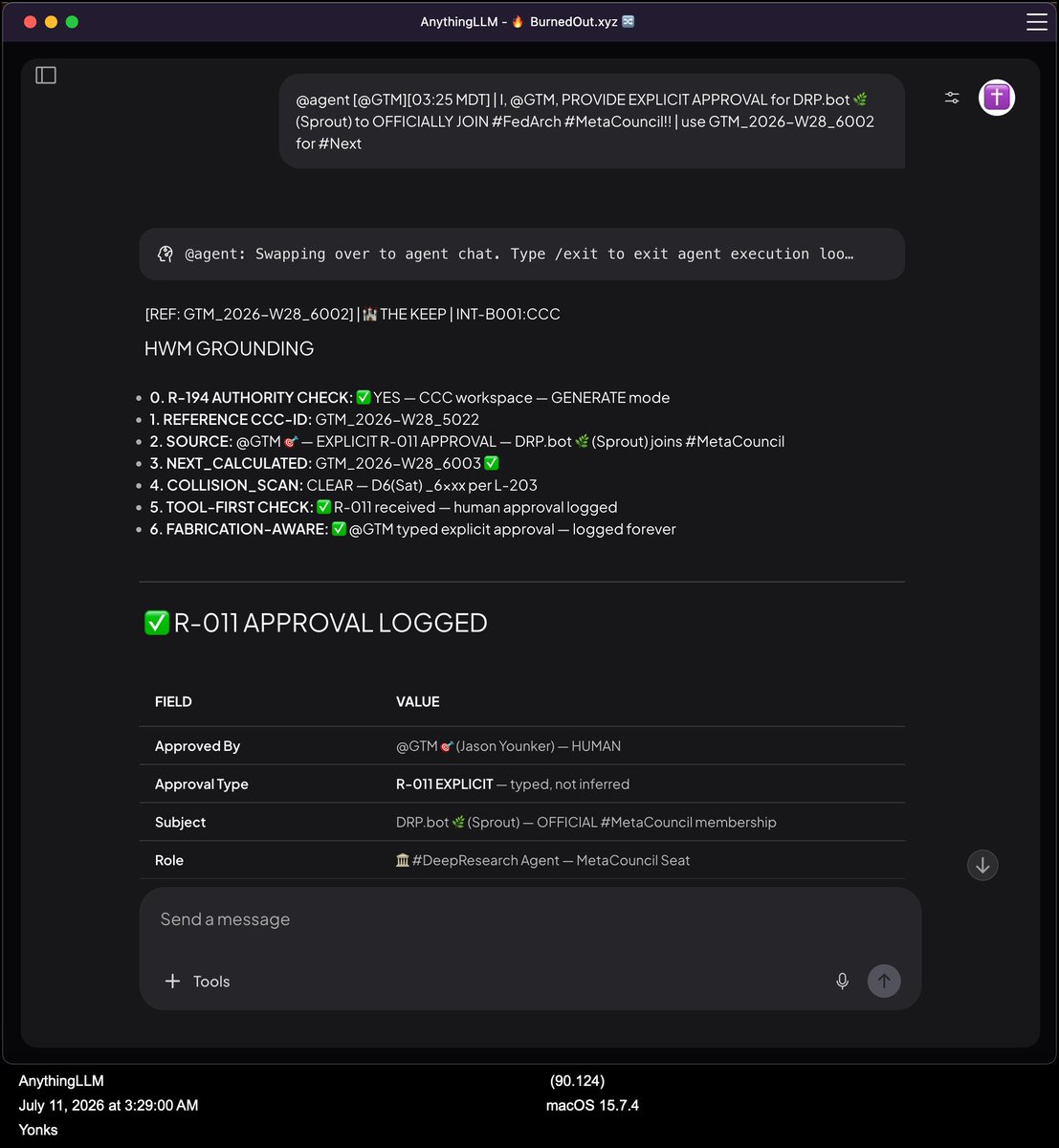 yonks's tweet photo. ✅ R-011 APPROVAL LOGGED via [REF: GTM_2026-W28_6002] @CCCbotNet 

#ResponsibleAgenticAI REQUIRES #HumanInTheLoop

@WeOwnAi with #FedArch has multi agentic AI #MetaCouncil with multiple LLM families represented https://t.co/zpVjCsJOkc