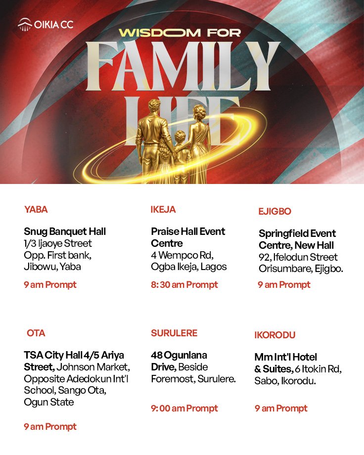 OikiaCCLekki's tweet photo. Strong families don't happen by chance, they're built with God's wisdom.

Join us this Sunday for Wisdom for Family Life as we discover biblical wisdom for building healthy, God-honoring families. https://t.co/uKGdnMSNIP