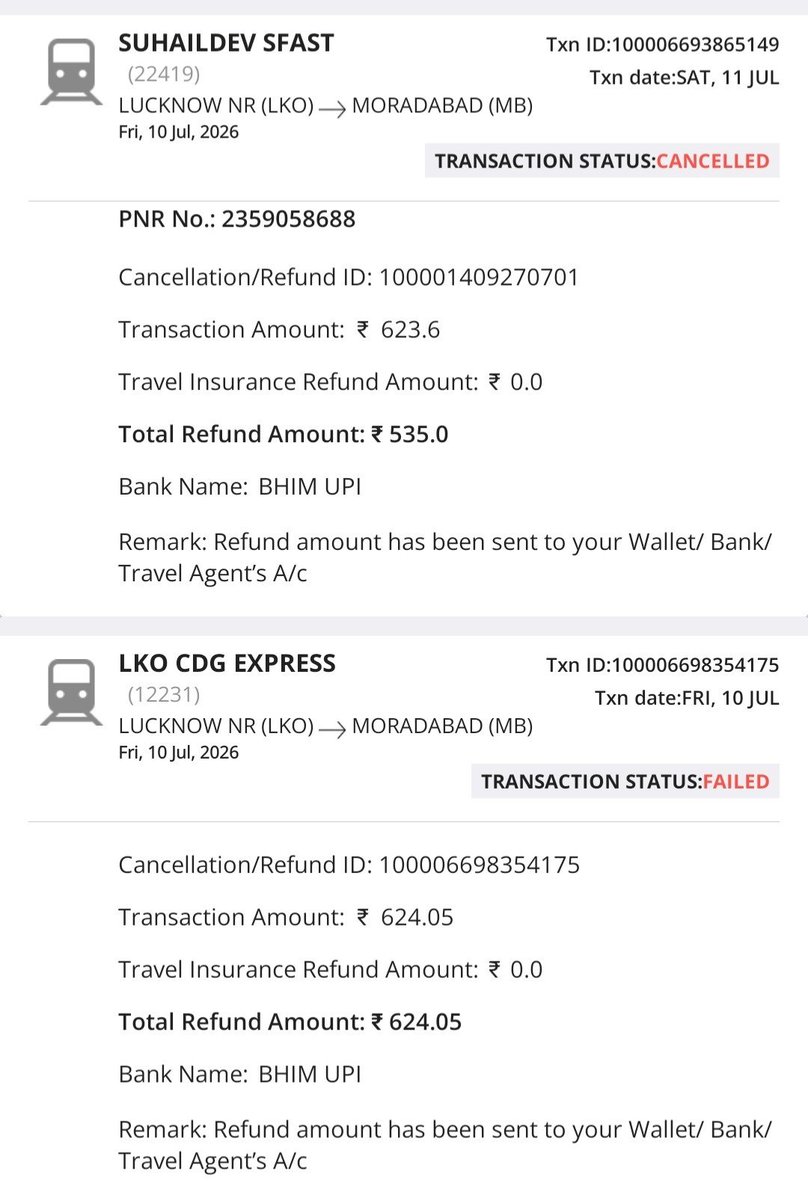 NitinI28's tweet photo. My both refund is showing refunded but refund has not been credited to my account yet, please refund it.
@RailwaySeva @IRCTCofficial @RailMinIndia @RailwayNorthern @AshwiniVaishnaw https://t.co/PfjmXCfSpD