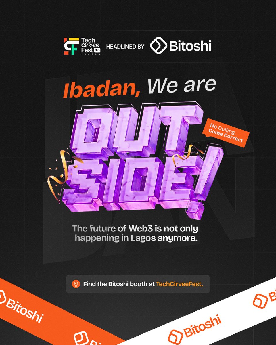 Bitoshiafrica's tweet photo. NO BE EVERY BOOTH DEM DEY PASS.👀Catch Bitoshi live at TCF 3.0 for: 
✨ Fun activities 
✨ Community moments 
✨ Exclusive merch 
✨ Surprise gifts 
✨ Web3 conversations 

We’re not just showing up. We’re planting roots in Ibadan. So when you enter the venue, sharp sharp, locate our booth first. 

Come through with your people.⚡