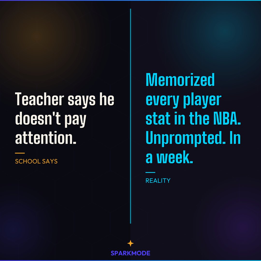 gosparkmode's tweet photo. Teacher says he doesn't pay attention.

Memorized every player stat in the NBA. Unprompted. In a week.

https://t.co/x65Aya4roh #SparkMode #KidsWhoLearnDifferently https://t.co/w7xKyiq3Xt