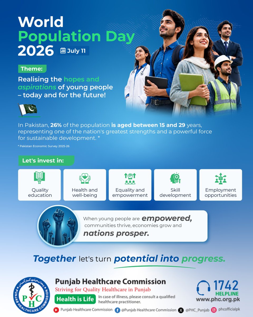 PHC_Punjab's tweet photo. World Population Day 2026

July 11

Realising the hopes and aspirations of young people – today and for the future!

#PHC #PunjabHealthcareCommission #SehatZindagiSey #WorldPopulationDay #WorldPopulationDay2026 #Youth #YouthEmpowerment #YoungPeople #Population https://t.co/Hmnh8yVID8