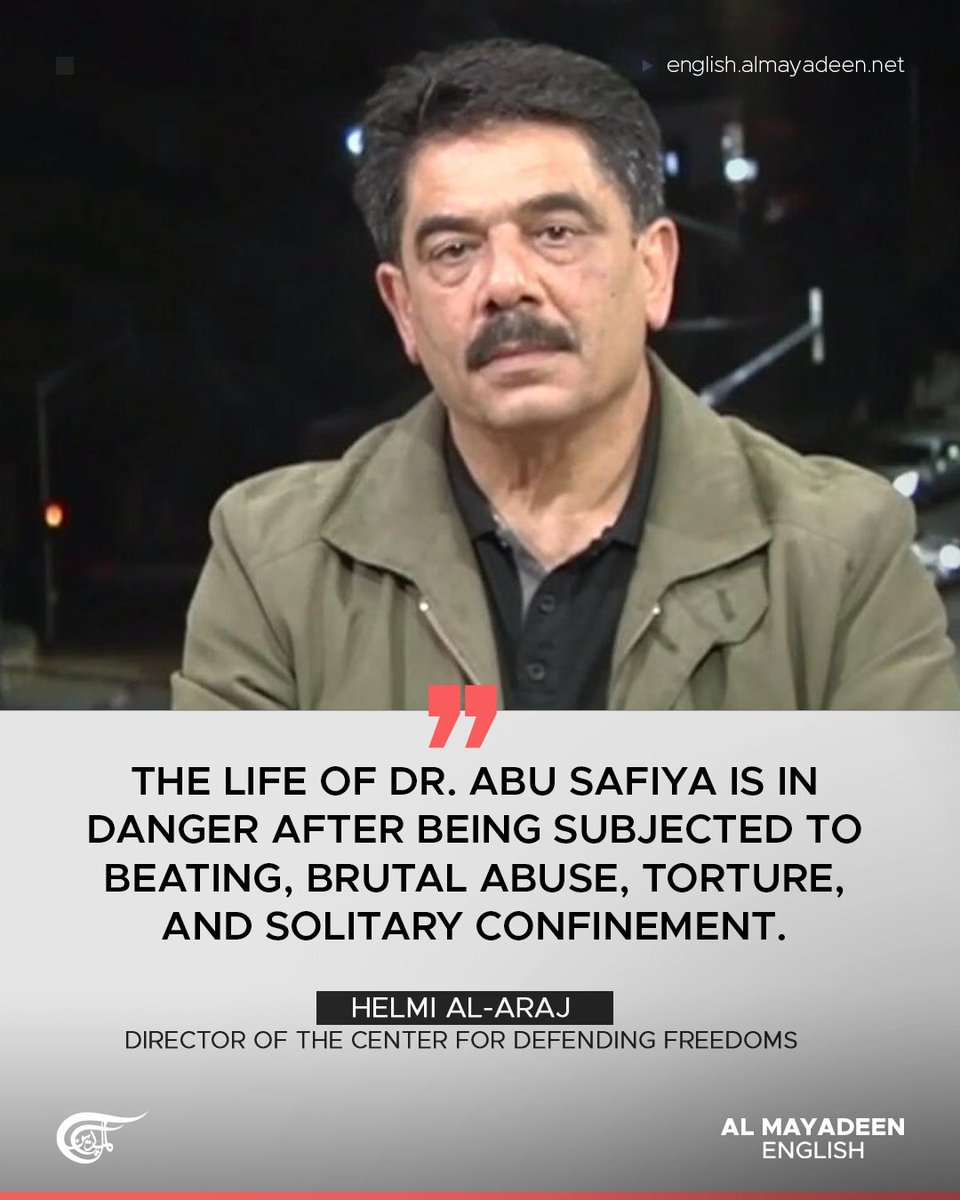 MayadeenEnglish's tweet photo. The director of the Center for Defending Freedoms, Helmi al-Araj, warned that the life of prominent Gaza Doctor Hussam Abu Safiya is in imminent danger following his exposure to severe beatings, isolation, and brutal physical torture in Israeli prisons. Al-Araj emphasized that the occupation is deliberately targeting and systematically abusing Dr. Abu Safiya, whose case continues to garner widespread public attention and mobilization.

Al-Araj further underscored that this abuse is not an isolated incident, stating that the lives of all male and female Palestinian detainees in occupation prisons remain in grave danger amid documented testimonies of widespread, systematic torture. In light of these critical violations, the center issued an urgent appeal to the international community and global human rights advocates to take immediate legal action by filing formal complaints before international courts to hold the occupation accountable for its actions against Dr. Abu Safiya and all detainees.

#Palestine #Gaza #GazaGenocide #AlMayadeen