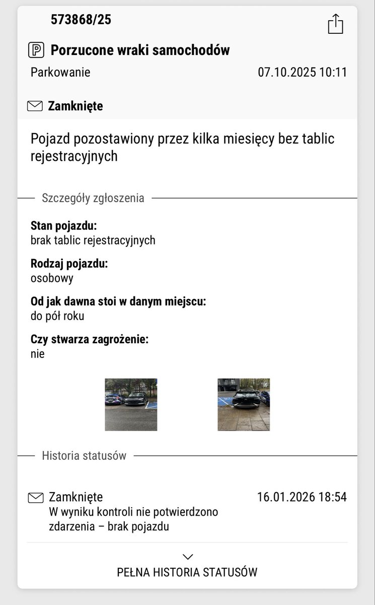 TheMariuszW's tweet photo. @KonfituraWAkcji To nie bezradność, to celowy brak działania. U mnie zgłoszenie zostało zamknięte dopiero gdy pojazd sam zniknął po 3 miesiącach :) https://t.co/FNKy986fnY