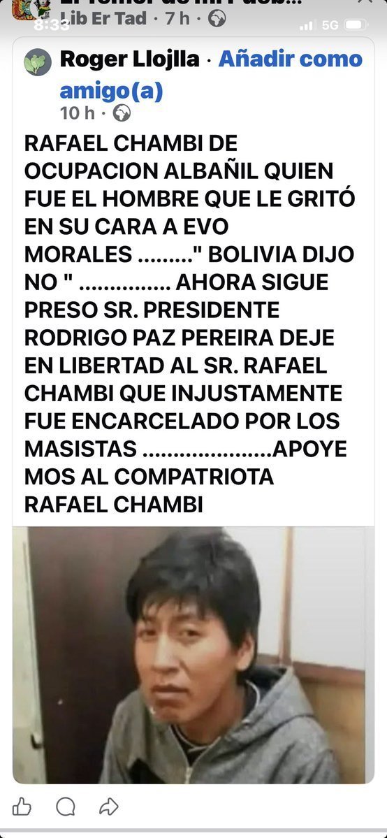 MiroshlavaBol's tweet photo. La justicia tiene una deuda pendiente con Rafael Chambi. El MAS-TERROR debe pagar esa deuda: ¿Cuantis años le de libertad  le robaron? https://t.co/JmhuTOZJNf