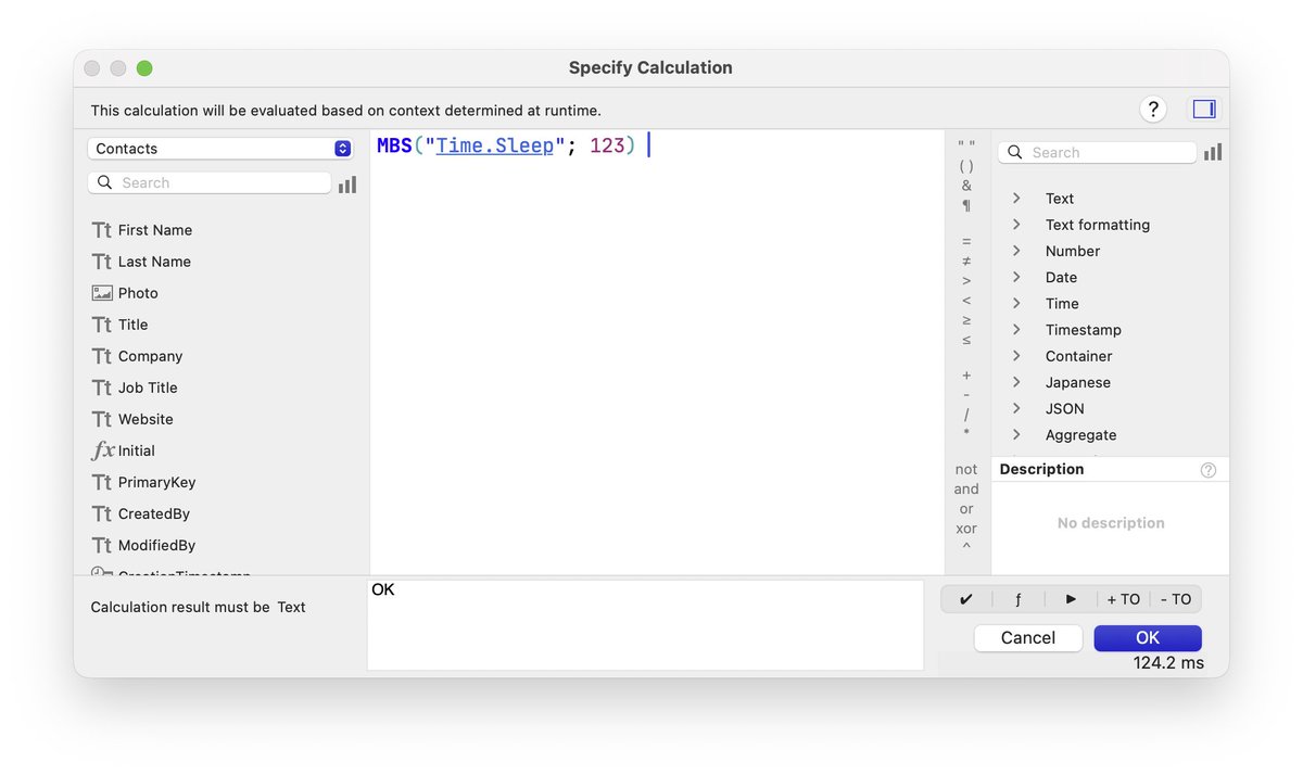 MBSPlugins's tweet photo. Improved calculation dialog in #FileMaker

The upcoming MBS Plugin 16.3 version will have a few improvements to the calculation dialog for macOS.

We add Command-Option-T to insert or select the table occurrence name and a display of the time needed.

https://t.co/zJunJtHVa7 https://t.co/1iGOhWqoaO
