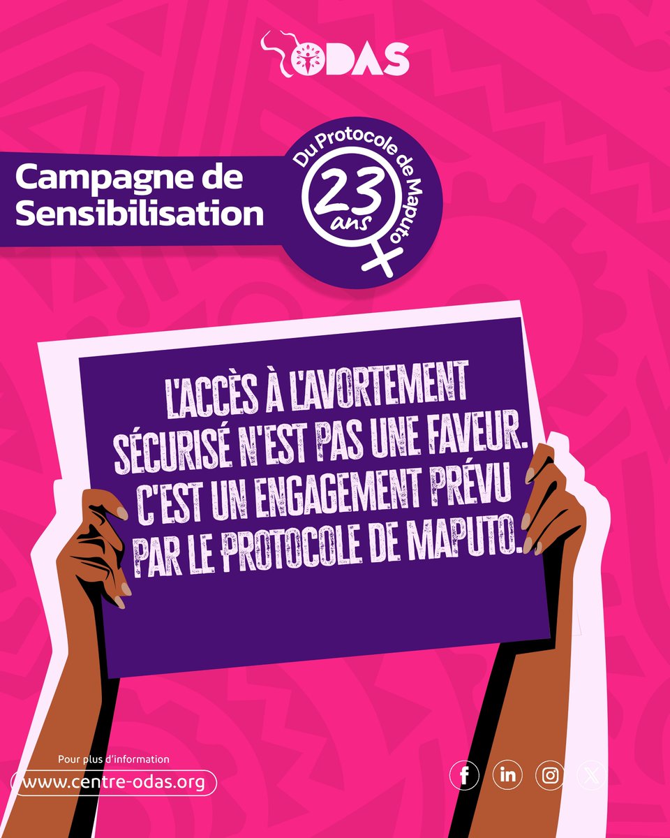 CentreOdas's tweet photo. 23 ans après son adoption, le #ProtocoleDeMaputo doit être pleinement appliqué. 
Garantir l'accès à l'avortement médicalisé dans les cas prévus à l'article 14, c'est protéger des vies et faire respecter les droits des femmes.

#Maputo23 #PasDeReculPM #AvortementSécurisé #MouvementODAS