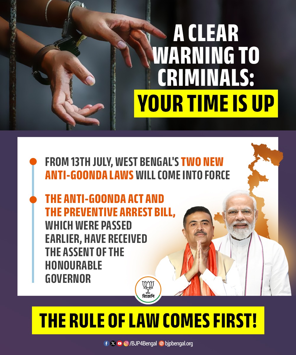 BJP4Bengal's tweet photo. The days of unchecked lawlessness and "Goonda Raj" in West Bengal are coming to a definitive end. 
Under the strong principle of ensuring that the Rule of Law always comes first, two stringent legislative actions are set to clean up our streets.
No more fear. No more intimidation. 
A safe and crime-free West Bengal is the ultimate priority!