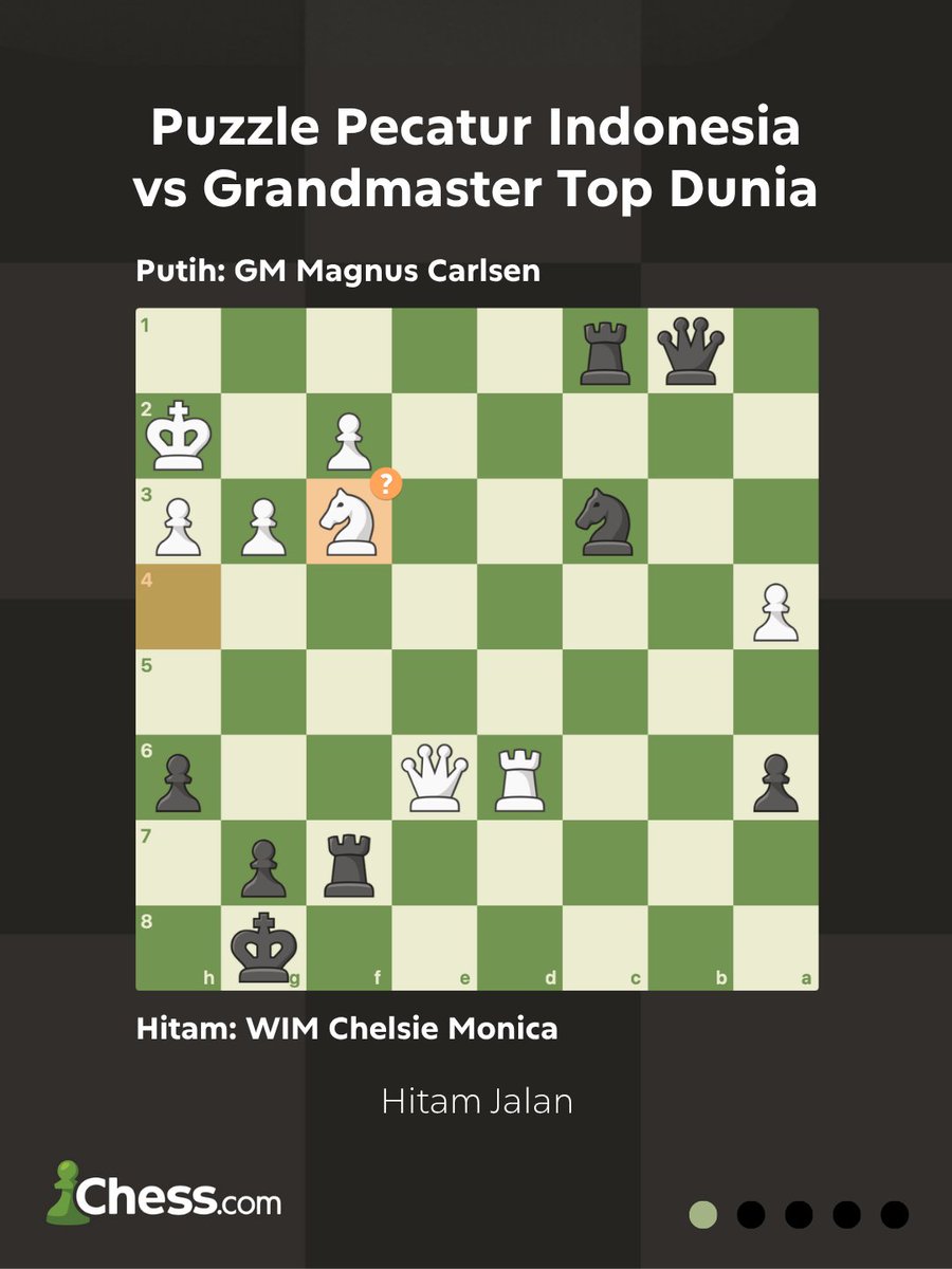 ChesscomID's tweet photo. Dapatkah kamu menemukan langkah yang dijalankan WIM Chelsie Monica pada posisi ini yang membuat GOAT GM Magnus Carlsen menyerah?

Hitam jalan dan skakmat dalam dua langkah! https://t.co/QdJoS3heAL