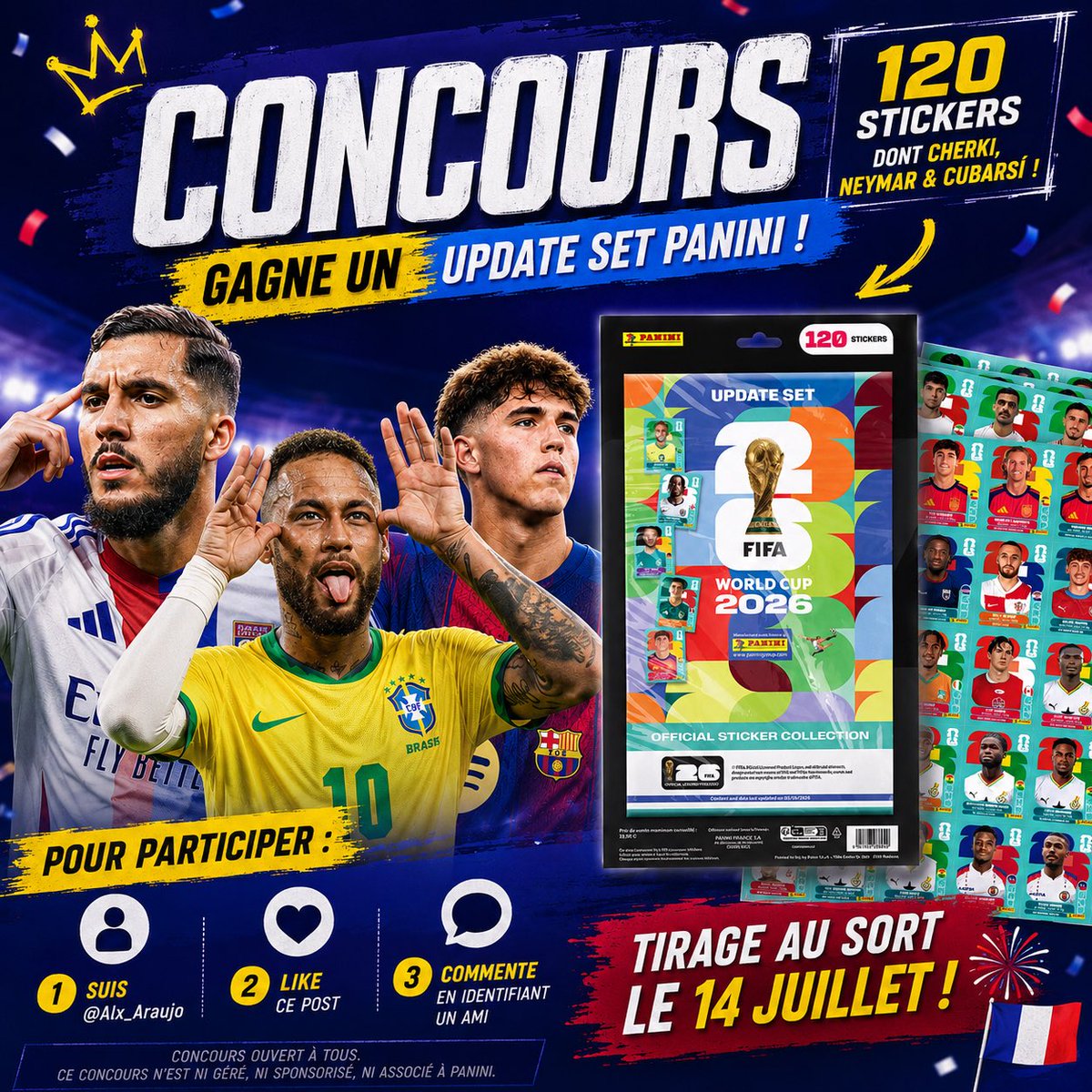 Alx_Araujo's tweet photo. Pour fêter la Coupe du Monde, je vous fais gagner un Update Set @panini_france avec 120 stickers ! (Neymar 👀 🇧🇷)

Pour participer :
✅ Suivre @Alx_Araujo
❤️ Liker ce post
💬 Commente en identifiant un ami

📅 Tirage au sort le 14 juillet 🇫🇷

Bonne chance à toutes et à tous ! 🍀 https://t.co/hZVGHh1oCK