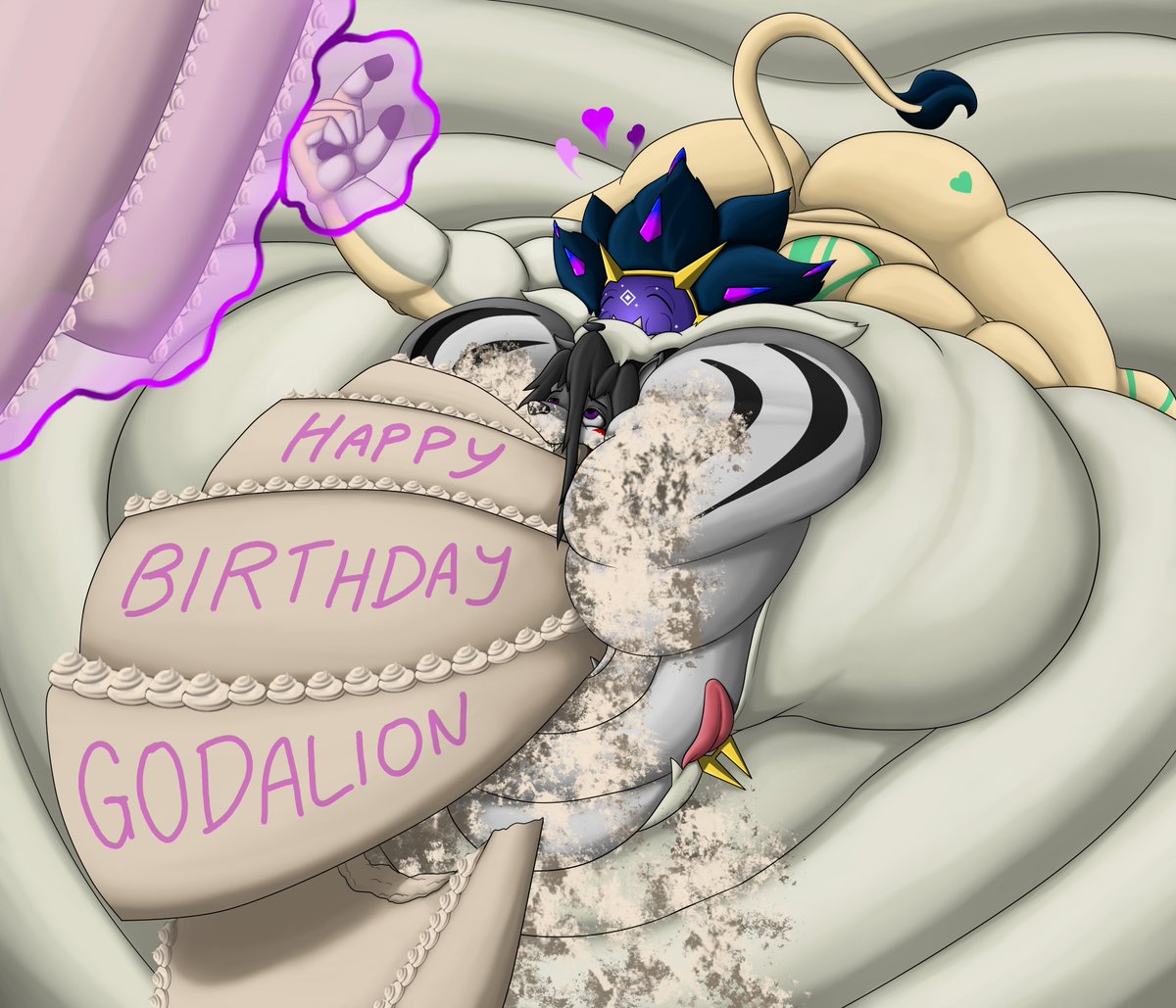 WolfgerLynel's tweet photo. CW: Soft Vore, Fat

It's Goda's Birthday and Wolfger was hoping to have a turn stuffing him... NOPE! X3

HAPPY BIRTHDAY @ @GodaQuesillo 
Characters @ Goda belongs to the Birthday Boi | Wolfger belongs to me
Art @ me https://t.co/Zv8X8IvRSy