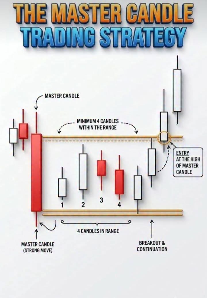 AndasonF85945's tweet photo. THE MASTER CANDLE STRATEGY.

One powerful price action setup every trader should know:
✓MASTER CANDLE → A strong move creates a large candle.
✓CONSOLIDATION → At least 4 smaller candles form inside its range.
✓BREAKOUT → Price breaks above the master candle’s high.
✓ENTRY → Enter at the breakout point for continuation.
✓TARGET → Ride momentum toward liquidity or new highs.

Formula: MASTER CANDLE → CONSOLIDATION → BREAKOUT → ENTRY → TARGET.

This strategy highlights patience and precision — waiting for structure to form before striking.