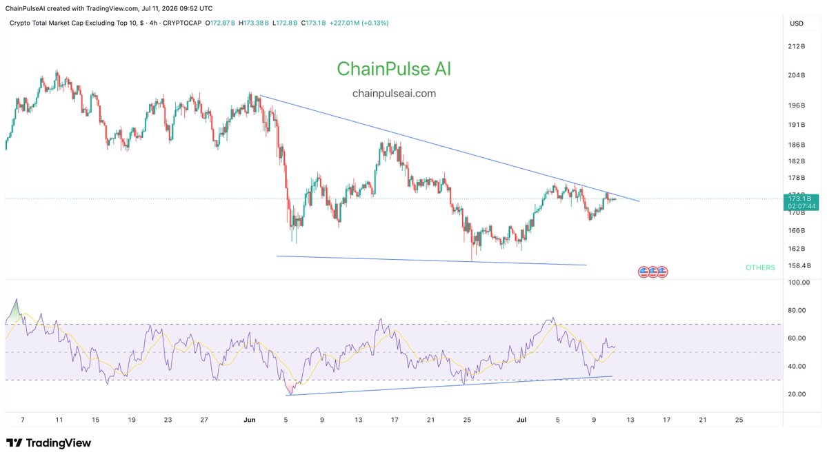 Chainpulse_AI's tweet photo. Others - TOTAL CRYPTO EXCLUDING TOP 10 

STRONG BULLISH DIVERGENCES FORMED WHICH WE UPDATED YOU ON LAST WEEK. 

NOW TESTING UPPER TREND WITHIN THE WEDGE FORMATION. 

ALL GOOD SIGNS DURING @saylor SELLING FUD AND US-IRAN WAR TENSIONS. 

SOMETHING COULD BE BREWING FOR ALTCOINS 📈 https://t.co/AVxsAeFg46