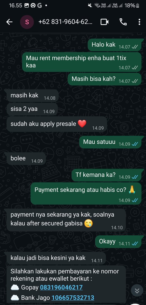 ustafffy's tweet photo. SCAMMER RENT ENGENE MEMBERSHIP JAKARTA

Nomor WA +62 831-9604-6217
 
Gopay 083196046217
Bank Jago 106657532713

Semua pembayaran atas nama ' NAISILLA NASWA NINGRUM

hati hati ya guys, takutnya dia scam tiket Enhypen juga

akun x nya @.happilypils https://t.co/rfh4YzJcJE