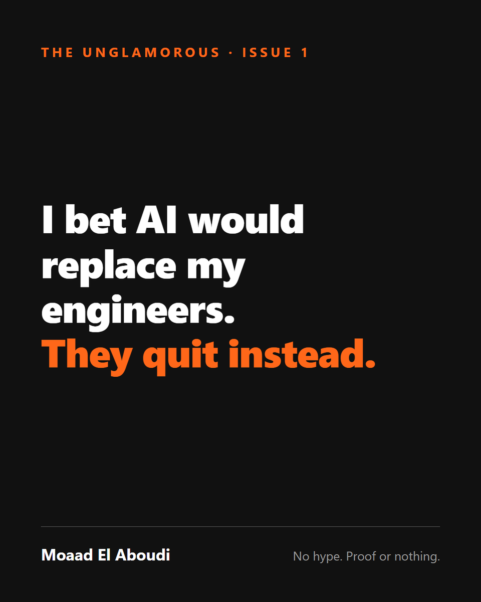 melaboudi's tweet photo. I bet AI would replace my engineers. They quit instead.

I bought the accounts, pushed the tools, begged. Almost nobody moved. Then I stopped waiting and made myself legible to AI first.

Full story in the reply. No hype. Proof or nothing. https://t.co/lTdRbr5zlw