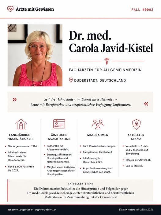 dieMutaerzte's tweet photo. 𝐕𝐞𝐫𝐟𝐨𝐥𝐠𝐭, 𝐄𝐱𝐢𝐬𝐭𝐞𝐧𝐳 𝐛𝐞𝐝𝐫𝐨𝐡𝐭, 𝐚𝐮𝐬 𝐝𝐞𝐦 𝐋𝐚𝐧𝐝 𝐠𝐞𝐣𝐚𝐠𝐭 - 𝐰𝐞𝐢𝐥 𝐬𝐢𝐞 𝐟𝐮̈𝐫 𝐢𝐡𝐫𝐞 𝐏𝐚𝐭𝐢𝐞𝐧𝐭𝐞𝐧 𝐮𝐧𝐝 𝐯𝐢𝐞𝐥𝐞 𝐊𝐢𝐧𝐝𝐞𝐫 𝐞𝐢𝐧𝐬𝐭𝐚𝐧𝐝
𝐅𝐚𝐥𝐥 #𝟎𝟎𝟎𝟐 𝐃𝐫. 𝐦𝐞𝐝. 𝐂𝐚𝐫𝐨𝐥𝐚 𝐉𝐚𝐯𝐢𝐝-𝐊𝐢𝐬𝐭𝐞𝐥
𝐃𝐨𝐤𝐮𝐦𝐞𝐧𝐭𝐢𝐞𝐫𝐭𝐞 𝐩𝐨𝐥𝐢𝐭𝐢𝐬𝐜𝐡𝐞 𝐕𝐞𝐫𝐟𝐨𝐥𝐠𝐮𝐧𝐠 𝐯𝐨𝐧 𝐀̈𝐫𝐳𝐭𝐞𝐧 𝐦𝐢𝐭 𝐆𝐞𝐰𝐢𝐬𝐬𝐞𝐧 |

Dr. med. Carola Javid-Kistel als Fachärztin für Allgemeinmedizin mit Zusatzbezeichnungen Homöopathie und Naturheilverfahren wurde seit Anfang 2022 strafrechtlich verfolgt – u. a. wegen angeblich unrichtiger Gesundheitszeugnisse. Mit Haftbefehl wurde sie in der Schweiz festgenommen und lebt inzwischen schwer traumatisiert seit Sommer 2022 im Exil.

𝐀𝐫𝐭 𝐝𝐞𝐫 𝐕𝐞𝐫𝐟𝐨𝐥𝐠𝐮𝐧𝐠
♦️ Staatliche und Kammeranwaltliche Strafverfolgung
♦️ Approbationsentzug 2024 
♦️ Berufsverbot seit 2024
♦️ Disziplinarverfahren Ärztekammer
♦️ 5 Praxisdurchsuchungen
♦️ Öffentliche Diskreditierung
♦️ Exil in Mexiko seit 2022 (mit Unterbrechung vom 1.12.2023 bis Ende Februar 2024 wegen Inhaftierung und Prozess)
♦️ Inhaftierung in Zürich und Schwäbisch Gmünd Dezember 2023

𝐕𝐨𝐫𝐰𝐮𝐫𝐟
♦️ Ausstellung angeblich unrichtiger Gesundheitszeugnisse gemäß § 278 StGB
♦️ Ausstellung von 16 Maskenbefreiungsattesten mit persönlicher Untersuchung bei angeblich unzureichender Diagnose
♦️ Ausstellung von Impfunfähigkeitsbescheinigungen
♦️ Angebliche Volksverhetzung
♦️ Beamtenbeleidigung von Polizisten bei der Praxisdurchsuchung
♦️ Üble Nachrede gegen einen Impfarzt in meinem Heimatort

𝐀𝐤𝐭𝐮𝐞𝐥𝐥𝐞𝐫 𝐒𝐭𝐚𝐧𝐝
♦️ Erstinstanzliches Urteil: 1 Jahr und 2 Monate auf Bewährung, rechtskräftig seit Februar 2024
♦️ Bewährungszeit insgesamt 3 Jahre
♦️ 1 000 Euro Geldstrafe (gezahlt an das Kinder- und Jugendhospiz Göttingen)
♦️ Berufsverbot durch Stilllegung der Approbation im Frühjahr 2024

𝐁𝐞𝐫𝐮𝐟𝐥𝐢𝐜𝐡𝐞 𝐀𝐮𝐬𝐰𝐢𝐫𝐤𝐮𝐧𝐠𝐞𝐧
🔹 Praxisschließung
🔹 Kein Einkommen seit März 2022
🔹 Vollständiges Berufsverbot

𝐅𝐢𝐧𝐚𝐧𝐳𝐢𝐞𝐥𝐥𝐞 𝐀𝐮𝐬𝐰𝐢𝐫𝐤𝐮𝐧𝐠𝐞𝐧
🔹 Anwaltskosten bisher ca. 50.000 €
🔹 Verlust von Praxis und Einkommen
🔹 enorme Einbußen bei der Rente

𝐏𝐞𝐫𝐬𝐨̈𝐧𝐥𝐢𝐜𝐡𝐞 𝐀𝐮𝐬𝐰𝐢𝐫𝐤𝐮𝐧𝐠𝐞𝐧
🔹 Traumatisierung
🔹 Soziale Ächtung
🔹 Exil in Mexiko

𝐃𝐫. 𝐦𝐞𝐝. 𝐂𝐚𝐫𝐨𝐥𝐚 𝐉𝐚𝐯𝐢𝐝-𝐊𝐢𝐬𝐭𝐞𝐥: 
𝑫𝒊𝒆 𝑨𝒕𝒕𝒆𝒔𝒕𝒆 𝒆𝒏𝒕𝒔𝒑𝒓𝒂𝒄𝒉𝒆𝒏 𝒎𝒆𝒊𝒏𝒆𝒓 𝒂̈𝒓𝒛𝒕𝒍𝒊𝒄𝒉𝒆𝒏 𝑼̈𝒃𝒆𝒓𝒛𝒆𝒖𝒈𝒖𝒏𝒈 𝒖𝒏𝒅 𝒅𝒆𝒎 𝑮𝒆𝒏𝒇𝒆𝒓 𝑮𝒆𝒍𝒐̈𝒃𝒏𝒊𝒔. 𝑪𝒂. 80 𝒃𝒊𝒔 90 𝑷𝒓𝒐𝒛𝒆𝒏𝒕 𝒎𝒆𝒊𝒏𝒆𝒓 𝑷𝒂𝒕𝒊𝒆𝒏𝒕𝒆𝒏 𝒘𝒂𝒓𝒆𝒏 𝑲𝒊𝒏𝒅𝒆𝒓 𝒖𝒏𝒅 𝑱𝒖𝒈𝒆𝒏𝒅𝒍𝒊𝒄𝒉𝒆, 𝒅𝒊𝒆 𝒅𝒊𝒆𝒔𝒆 𝑨𝒕𝒕𝒆𝒔𝒕𝒆 𝒔𝒆𝒉𝒓 𝒅𝒓𝒊𝒏𝒈𝒆𝒏𝒅 𝒃𝒆𝒏𝒐̈𝒕𝒊𝒈𝒕𝒆𝒏, 𝒖𝒎 𝒈𝒆𝒔𝒖𝒏𝒅𝒉𝒆𝒊𝒕𝒍𝒊𝒄𝒉𝒆𝒏 𝑺𝒄𝒉𝒂𝒅𝒆𝒏 𝒗𝒐𝒏 𝒊𝒉𝒏𝒆𝒏 𝒂𝒃𝒛𝒖𝒘𝒆𝒏𝒅𝒆𝒏!

𝐕𝐨𝐥𝐥𝐬𝐭𝐚̈𝐧𝐝𝐢𝐠𝐞 𝐃𝐨𝐤𝐮𝐦𝐞𝐧𝐭𝐚𝐭𝐢𝐨𝐧:
📕 https://t.co/EFDCHeDJrN
👀 𝑾𝒆𝒊𝒕𝒆𝒓𝒆 𝑭𝒂̈𝒍𝒍𝒆 𝒗𝒐𝒏 𝑨̈𝒓𝒛𝒕𝒆𝒏 𝒎𝒊𝒕 𝑮𝒆𝒘𝒊𝒔𝒔𝒆𝒏: https://t.co/jIywSxKSaT

💡 𝑩𝒓𝒊𝒏𝒈𝒆𝒏 𝒘𝒊𝒓 𝑳𝒊𝒄𝒉𝒕 𝒊𝒏𝒔 𝑫𝒖𝒏𝒌𝒆𝒍 💡
💯 Mutärzte haben für ihre Patienten in den Zeiten der größten Grundrechtseinschränkungen seit 1949 alles gegeben, wurden und werden immer noch dafür verfolgt.
💌 Bitte helfen auch Sie den Mutärzten wie Carola Javid-Kistel, die sich nicht erst seit 2020 für Menschen und Gesundheit einsetzen und weiter einstehen für gesundes, lebenswertes, menschliches Miteinander. #Aufarbeitung jetzt, jeder Schritt zählt❣️

𝐀̈𝐫𝐳𝐭𝐞 𝐬𝐭𝐞𝐡𝐞𝐧 𝐚𝐮𝐟!
✅ Förderverein Weißer Kranich
✅ IBAN DE56 7645 0000 0232 1701 91 
✅ Schenkung für Carola Javid-Kistel

#Mutärzte #ÄrzteMitGewissen #DoctorsOfConscience #ärzteverfolgung #therapiefreiheit #medicalfreedom #exil #NürnbergerKodex #NurembergCode #genferkonvention #GenevaConvention