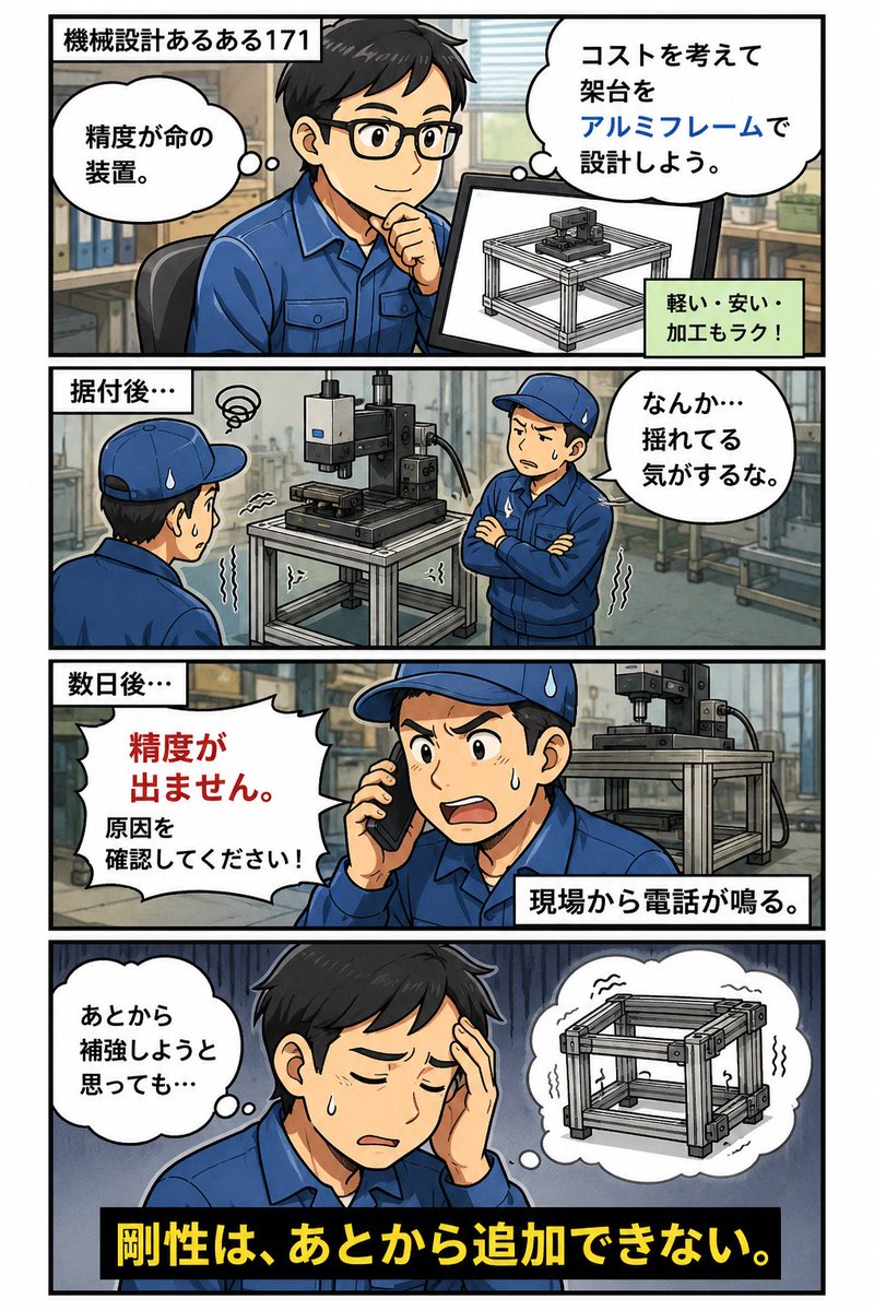 koutuuseirikudo's tweet photo. 機械設計あるある171

精度が命の装置。

コストを考えて
架台をアルミフレームで設計。

据付後…

「精度が出ません。」

現場から電話が鳴る。

剛性は、あとから追加できない。 https://t.co/mvO22DhNGD