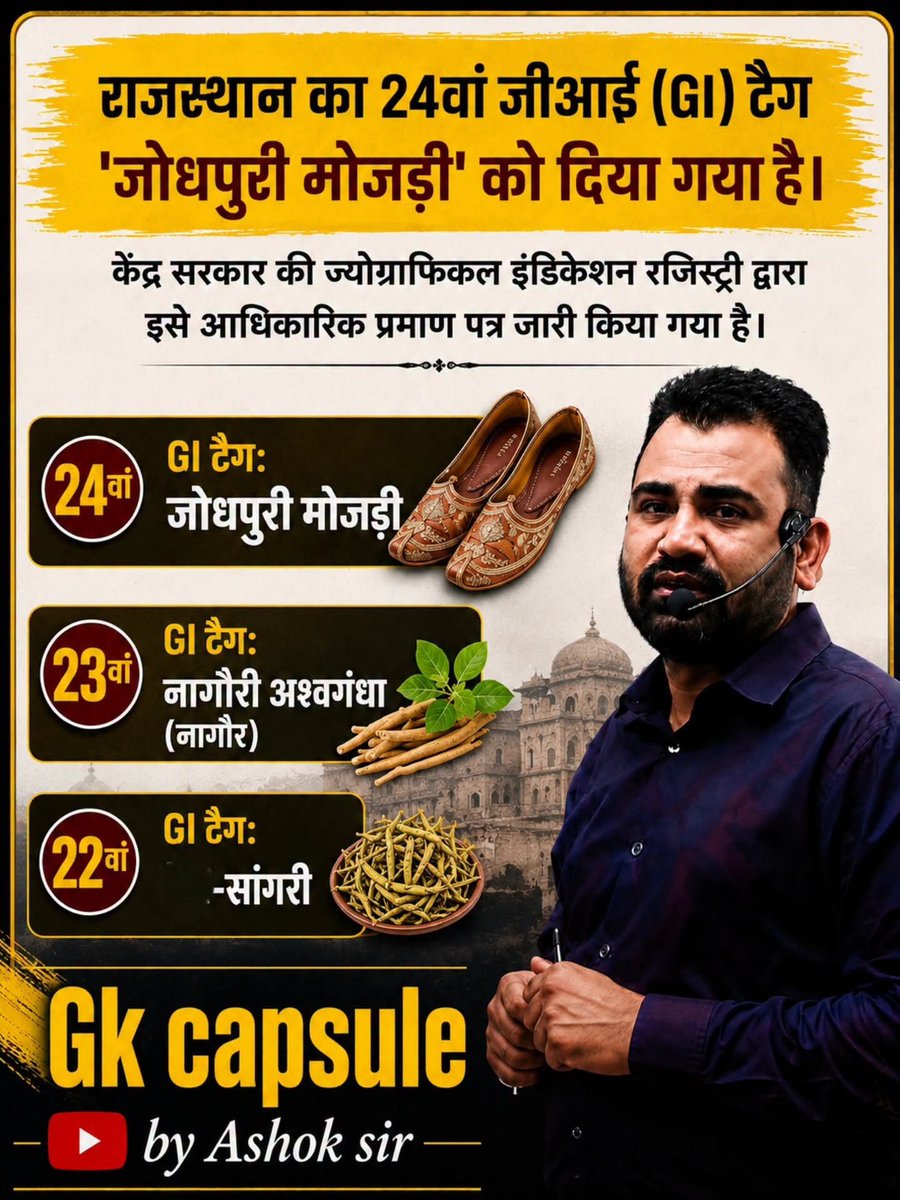 raghugora's tweet photo. #राजस्थान का 24वां जताई (GI) टैग 'जोधपुरी मोजङी' को दिया गया है।

24वां--जोधपुरी मोजङी ✅️
23वां-- नागौरी अश्वगंधा ✅️
22वां-- सांगरी ✅️

- केन्द्र सरकार की ज्योग्राफिकल इंडिकेशन रजिस्ट्री द्वारा इसे आधिकारिक प्रमाण पत्र जारी किया गया है।

#GI https://t.co/34jdtVMpsm