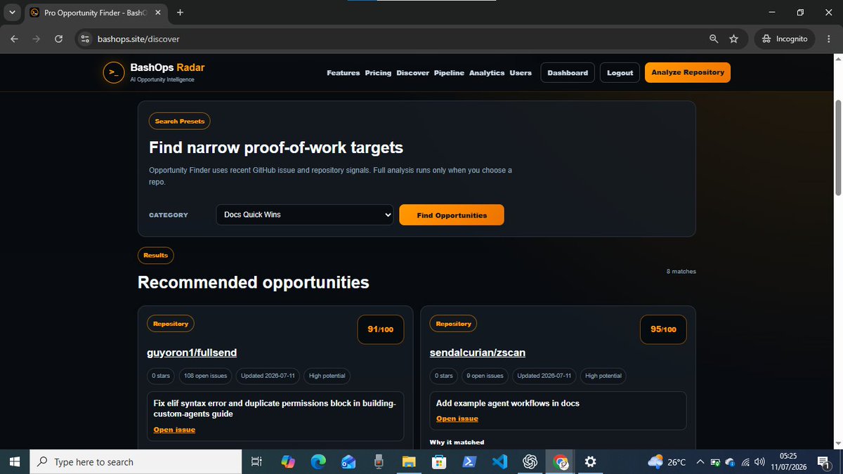 bashops_dev's tweet photo. Finished a big update to BashOps Radar.

New additions:

• Transparent scoring
• Best First Issue
• Proof-of-Work Snapshot
• Opportunity Finder
• Pipeline tracking
• Better mobile experience
Would love feedback from anyone who contributes to open source.
🌐 https://t.co/PBh6J6j1CB